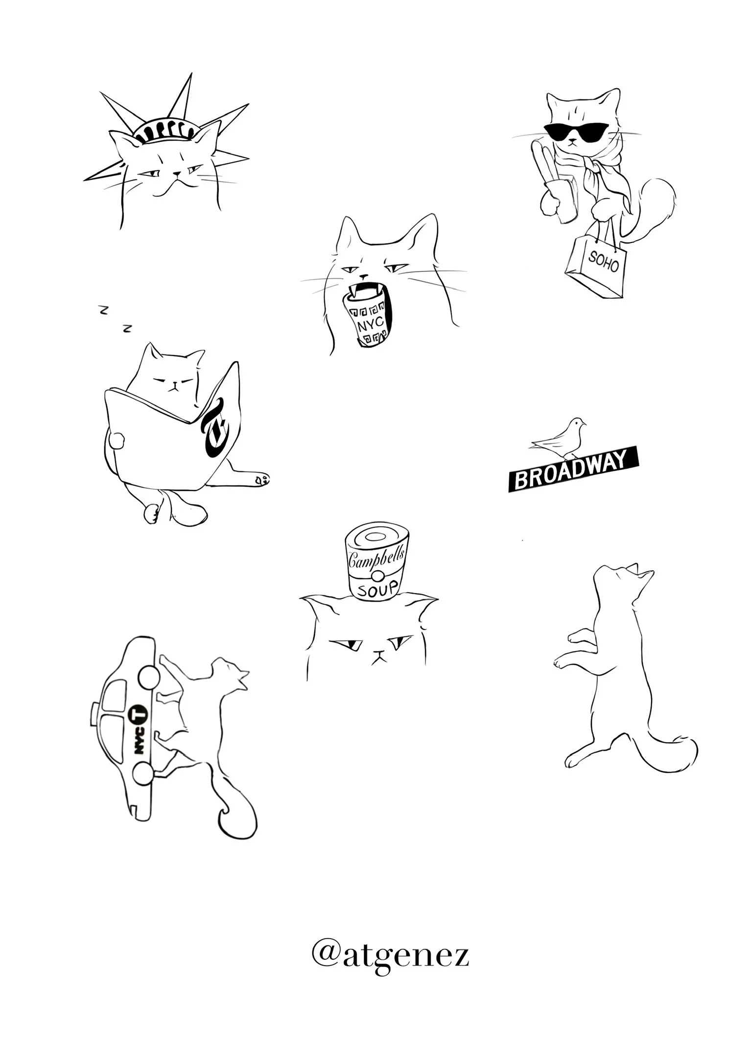 Collection of black and white line drawings of cats in various scenes, including wearing sunglasses, sitting with a newspaper, yawning, and holding a bag labeled 'SOHO'; one cat is balancing a can of Campbell's soup on its head, another is reading a 