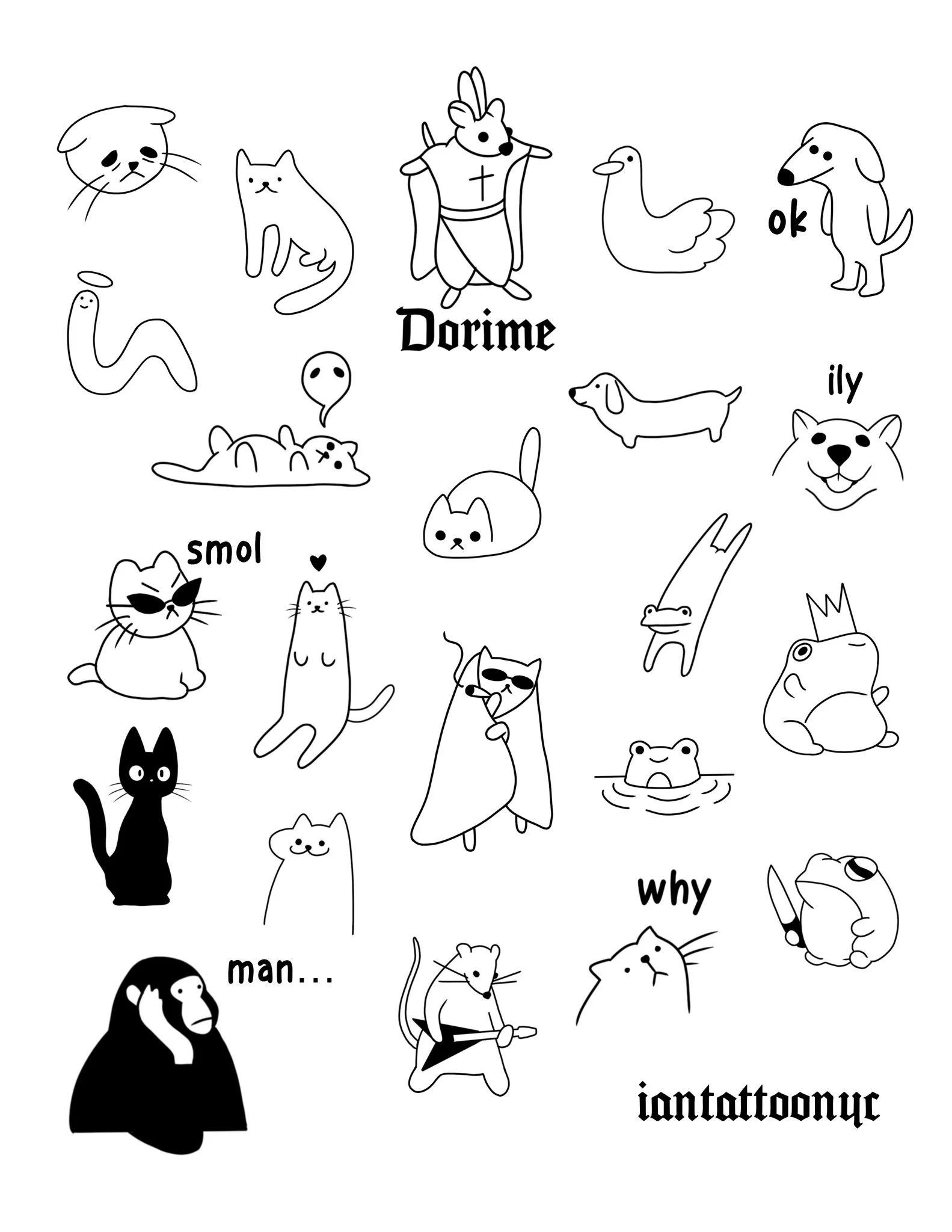 Collection of cartoon animals and characters, including a dog, cat, snake, bird, frog, human, and various other creatures and doodles, with some words like 'Dorime,' 'ok,' 'ily,' 'smol,' 'why,' and 'man…' scattered around.
