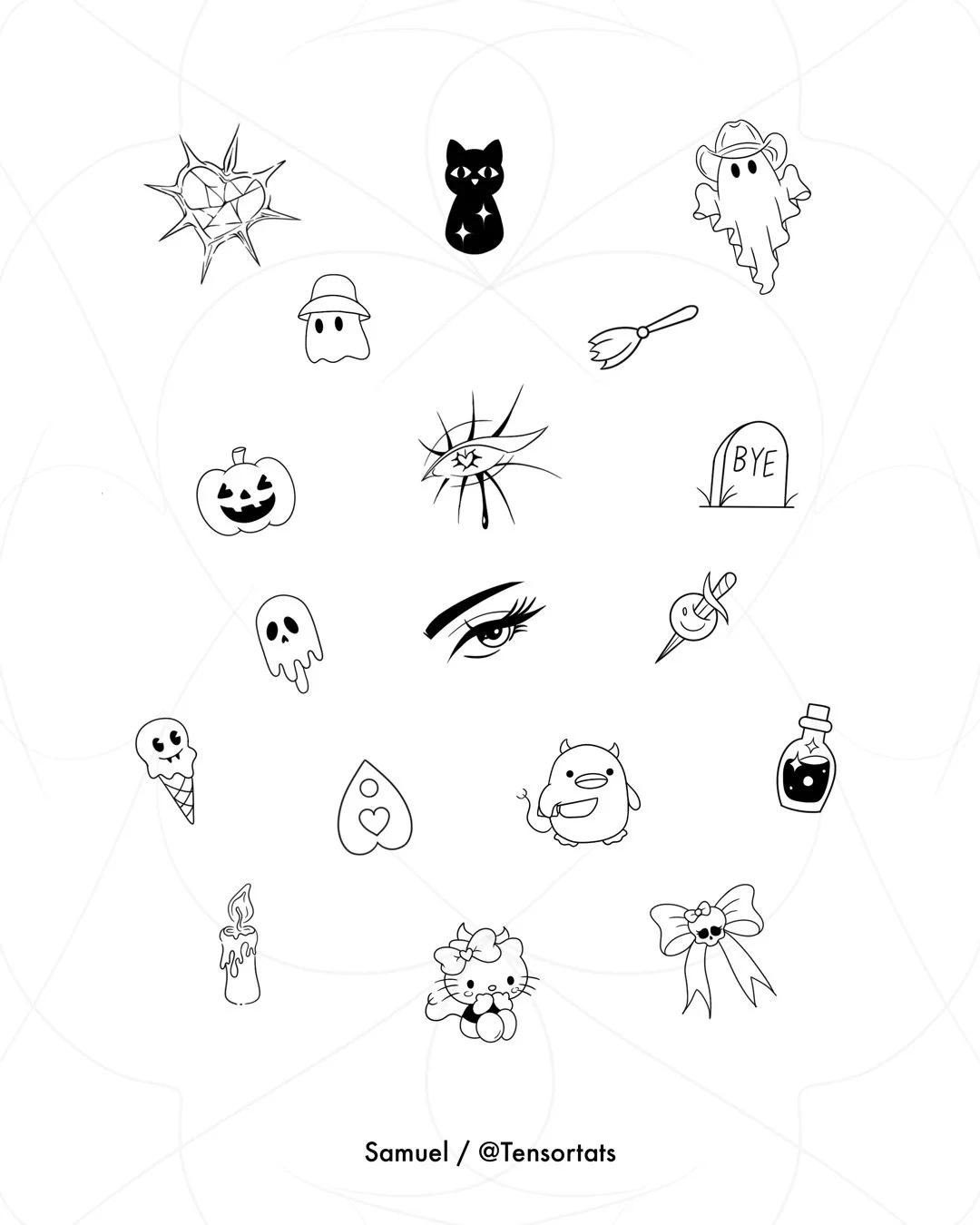 Collection of Halloween-themed illustrations including a spider web, black cat, ghost, witch hat, broomstick, carved pumpkin, eyeball, tombstone labeled "BYE," ghost, eyeball, potion bottle, candle, Hello Kitty with a bow, bat, vampire eye makeup, li
