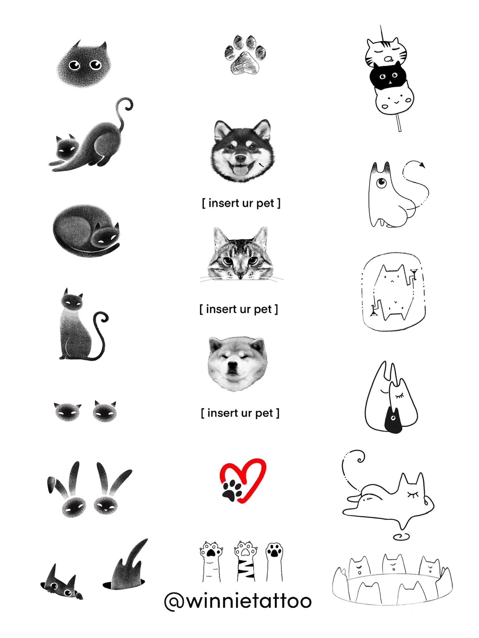 Illustration of various cats and dogs, along with placeholders for inserting pet photos, and doodles of cats, dogs, paw prints, and a heart with a paw print, with the Instagram handle @winnietattoo at the bottom.