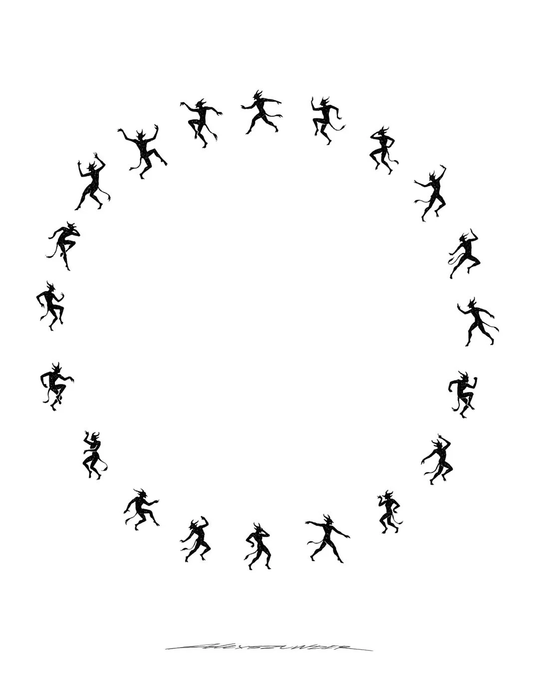 Silhouette of multiple dancing devil figures arranged in a circular pattern on a white background.