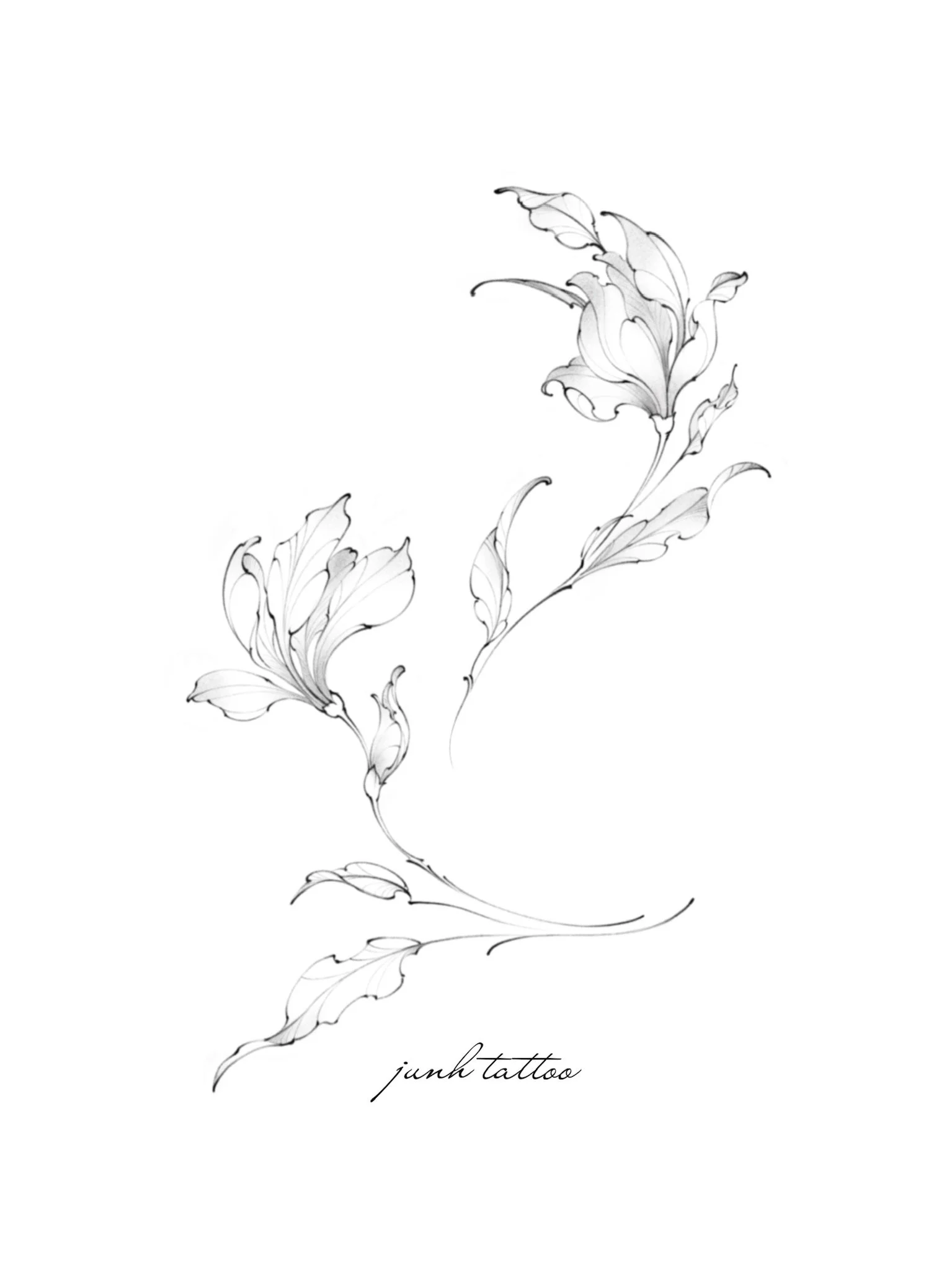 A delicate black and white floral tattoo design with two blooming flowers and leaves, along with the words 'june tattoo' written in cursive at the bottom.