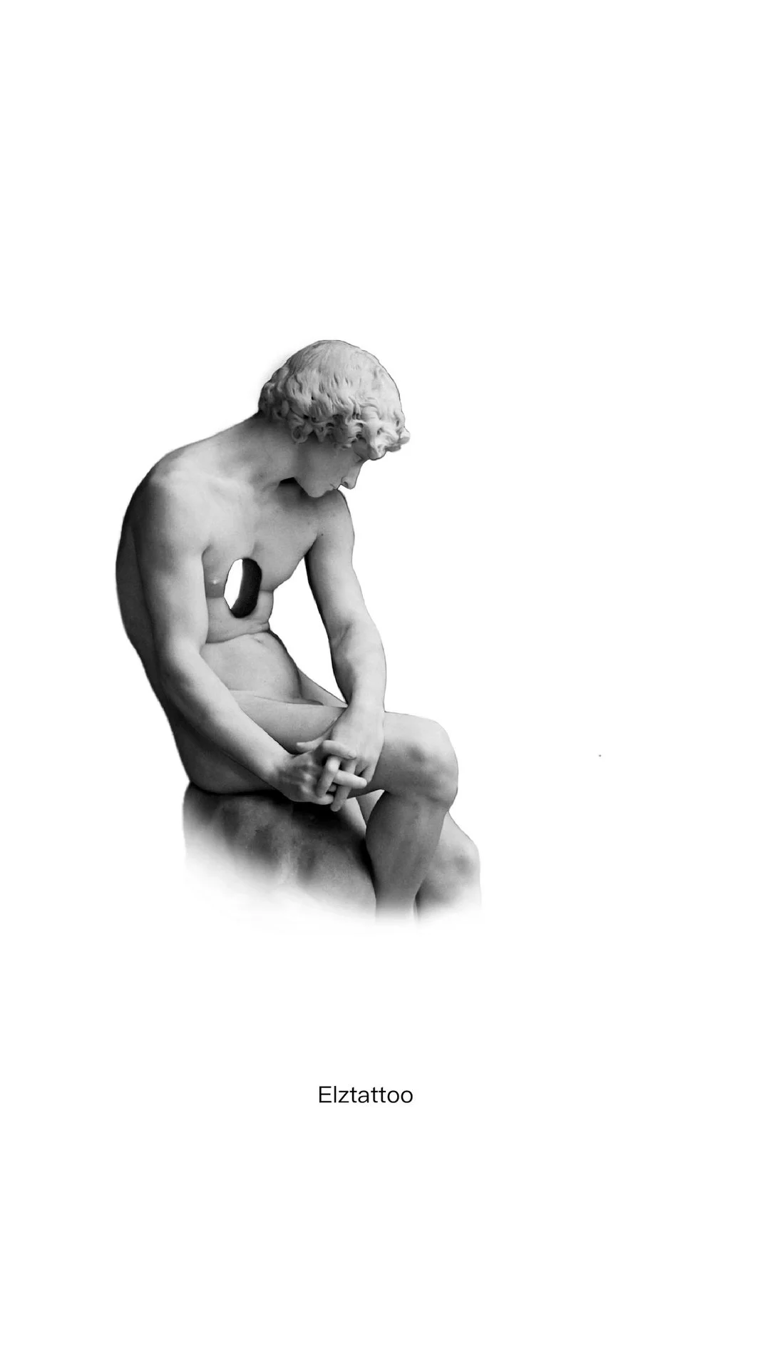 A grayscale sculpture of a seated man with a muscular build, with a hollow space in his chest, looking downward, with his hands clasped, and a short, curly hairstyle.