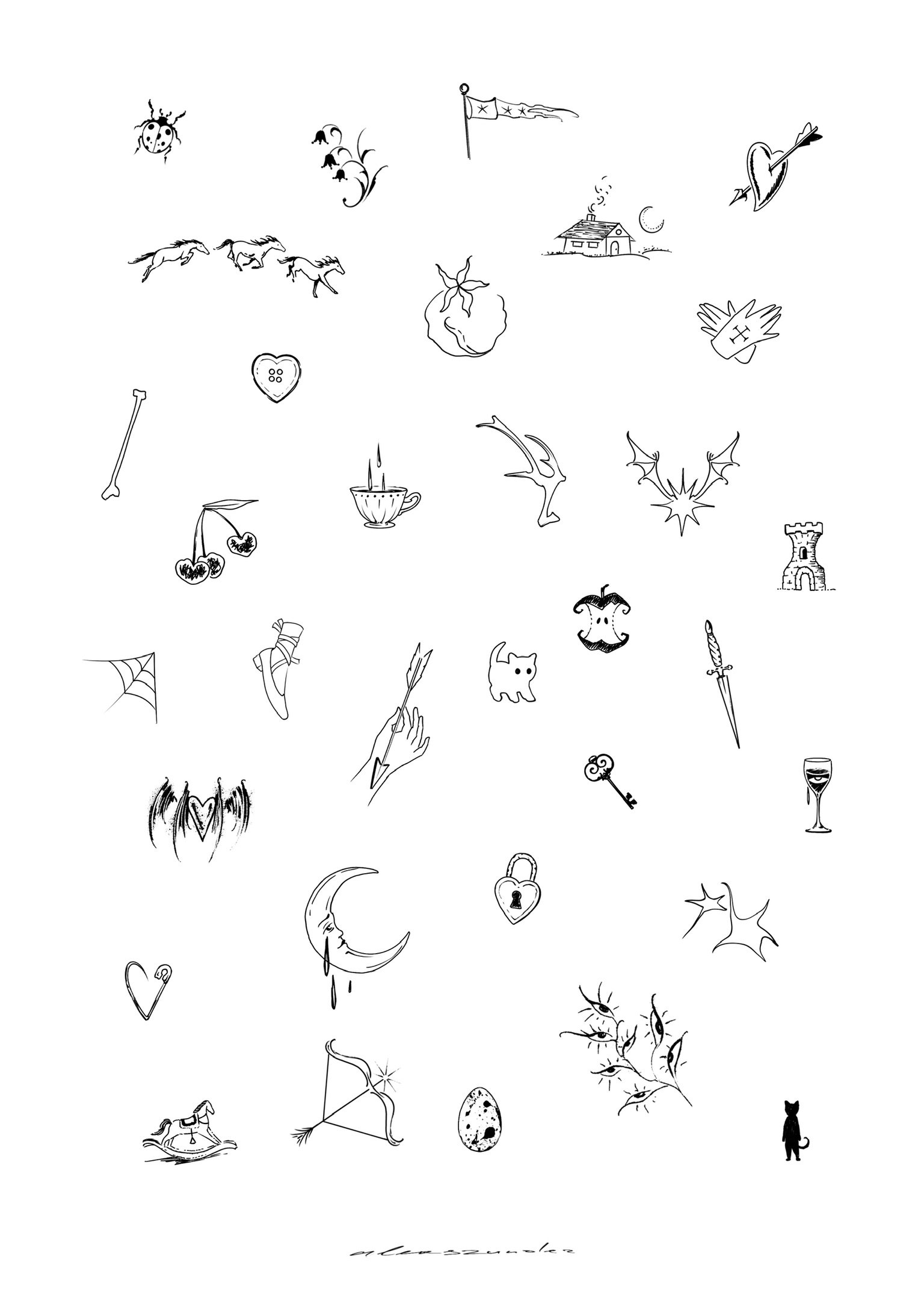 A collection of black and white line drawings of various objects and symbols, including animals, hearts, a castle, a moon, a spider, a key, a lock, a wine glass, a bat, a tree, and other abstract shapes.