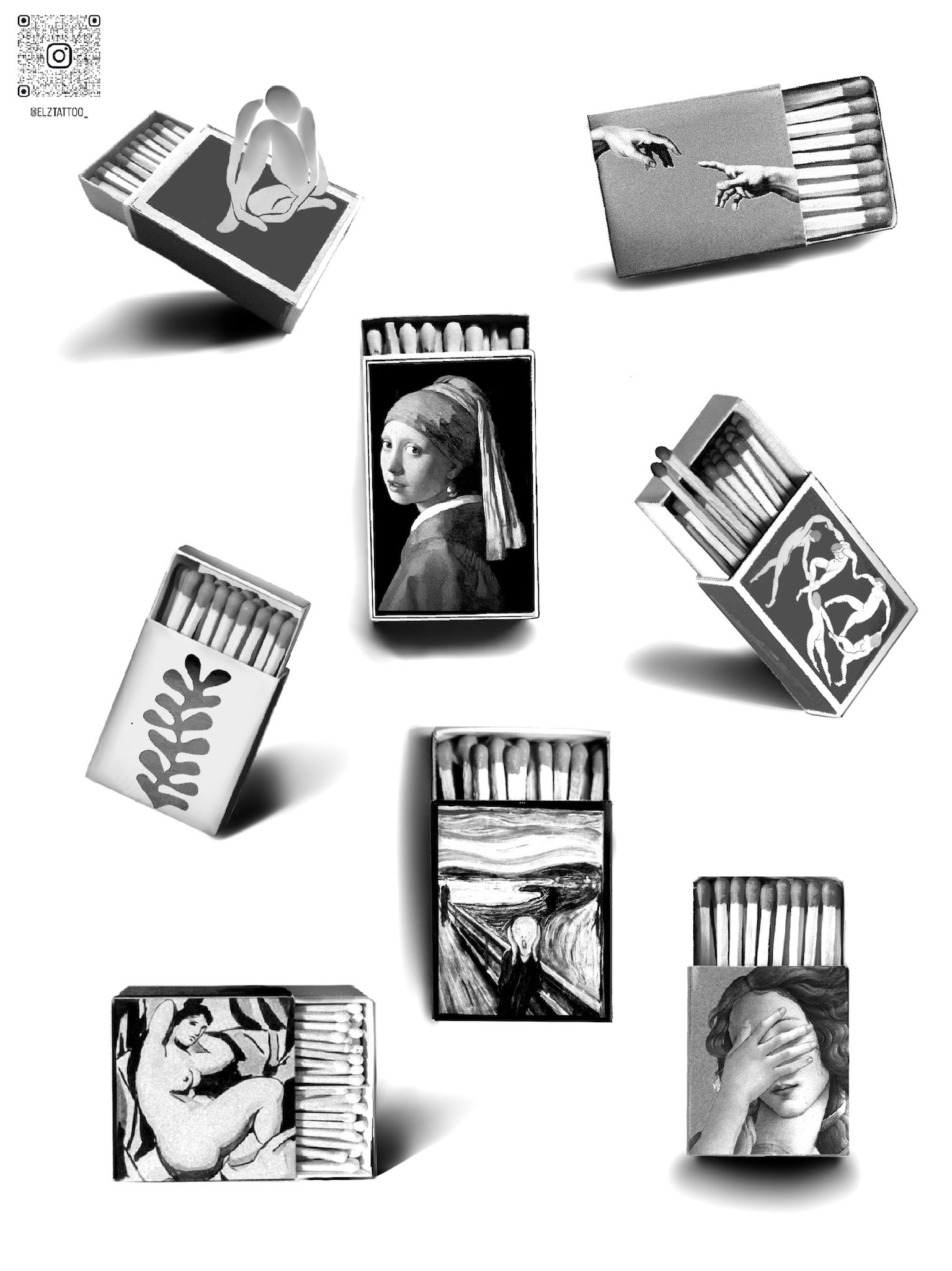 A collection of matchboxes, each decorated with a different art piece or image. The matchboxes are arranged with some open, revealing matches inside, and some closed. Central to the image is a matchbox with a famous painting of a woman in a headscarf