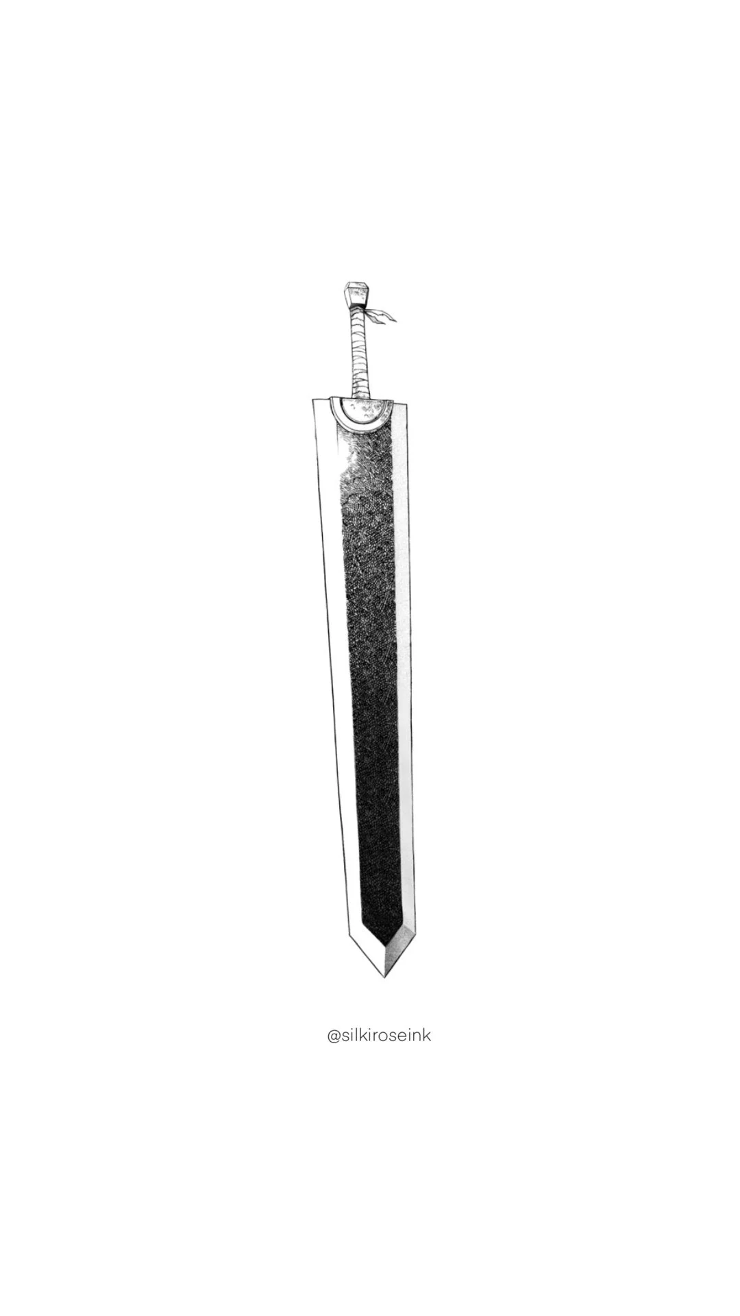 Black and white illustration of a sword with a long rectangular blade and a simple hilt with a wrapped handle and a small flag.