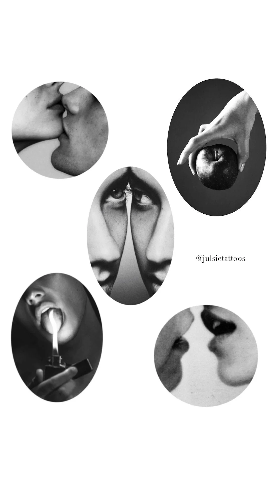 Collage of black and white close-up photos of people's faces and lips, with a person holding an apple, and a person licking a spoon. Includes the Instagram handle @julsietattoos.