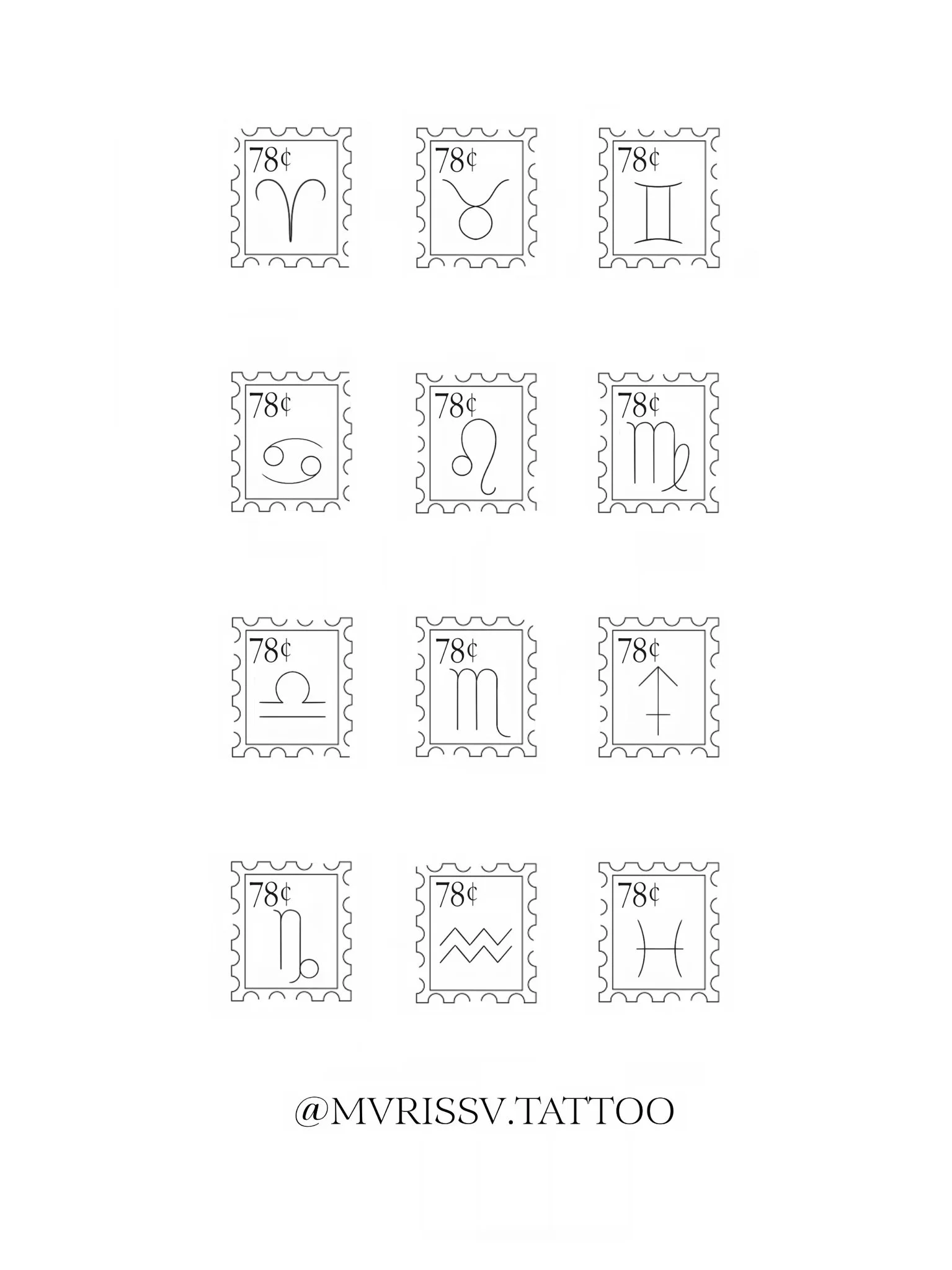 A collection of twelve postage stamp designs with Zodiac signs, each costing 78 cents, arranged in a 3x4 grid. The stamps feature symbols for Aries, Taurus, Gemini, Cancer, Leo, Virgo, Libra, Scorpio, Sagittarius, Capricorn, Aquarius, and Pisces. The