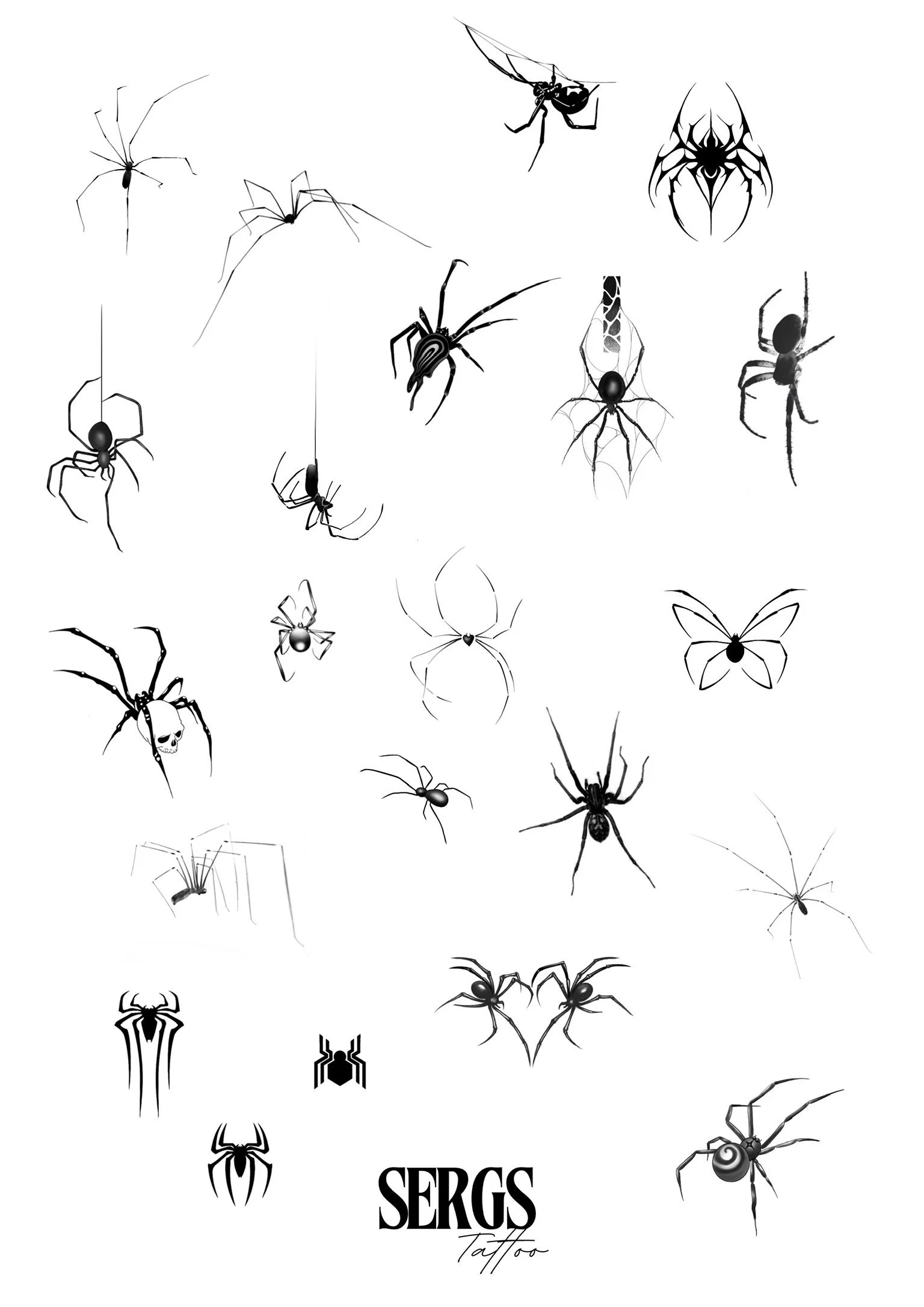 A collection of black silhouette tattoo designs of various spiders, insects, and arachnids, with the text 'SERGS Tattoo' at the bottom.