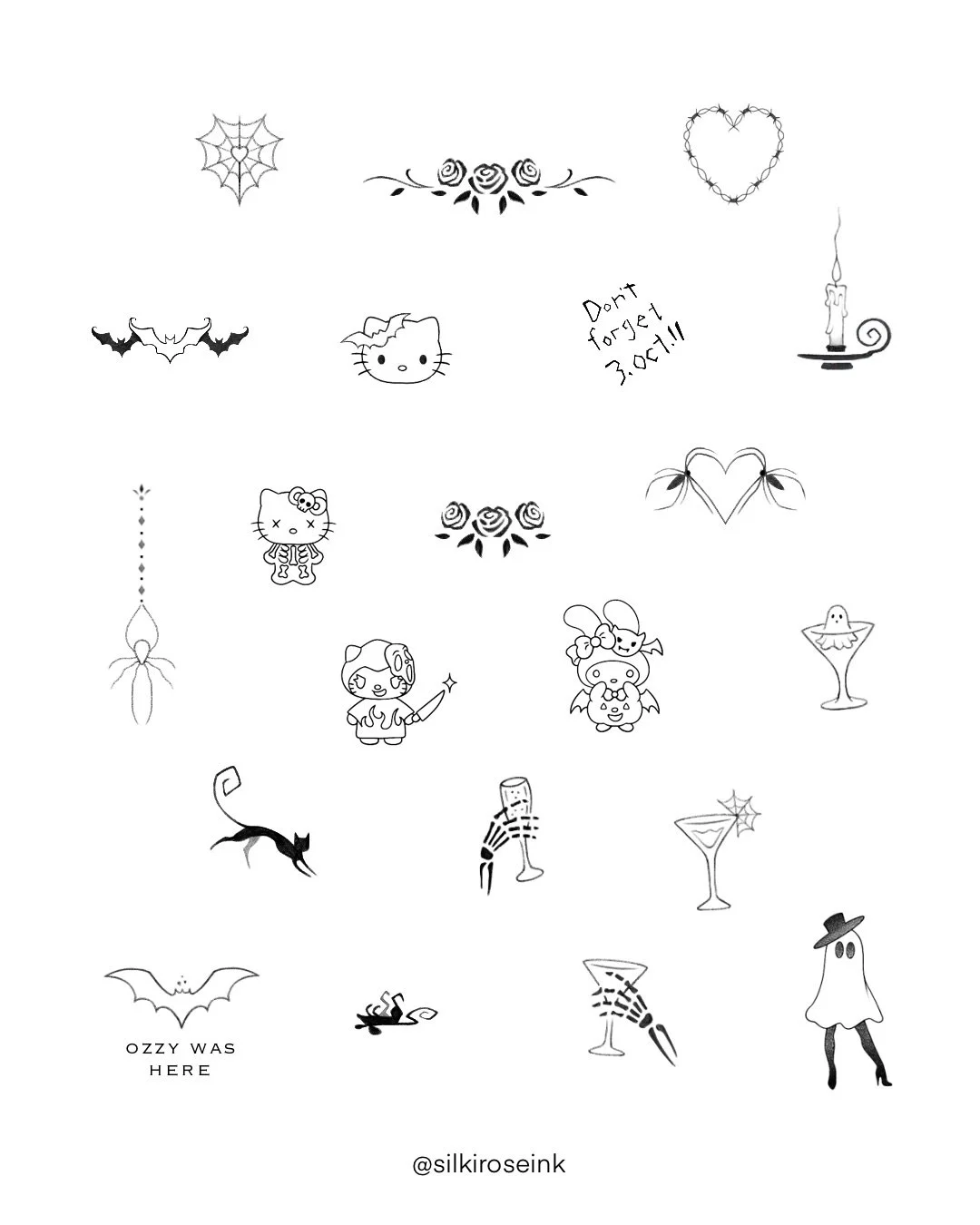 Collection of Halloween-themed doodles including a spider web, roses, heart, bats, Hello Kitty, a candle, a ghost, a witch with a broomstick, a glass of champagne, a cat, and a note that says 'OZZY WAS HERE'.