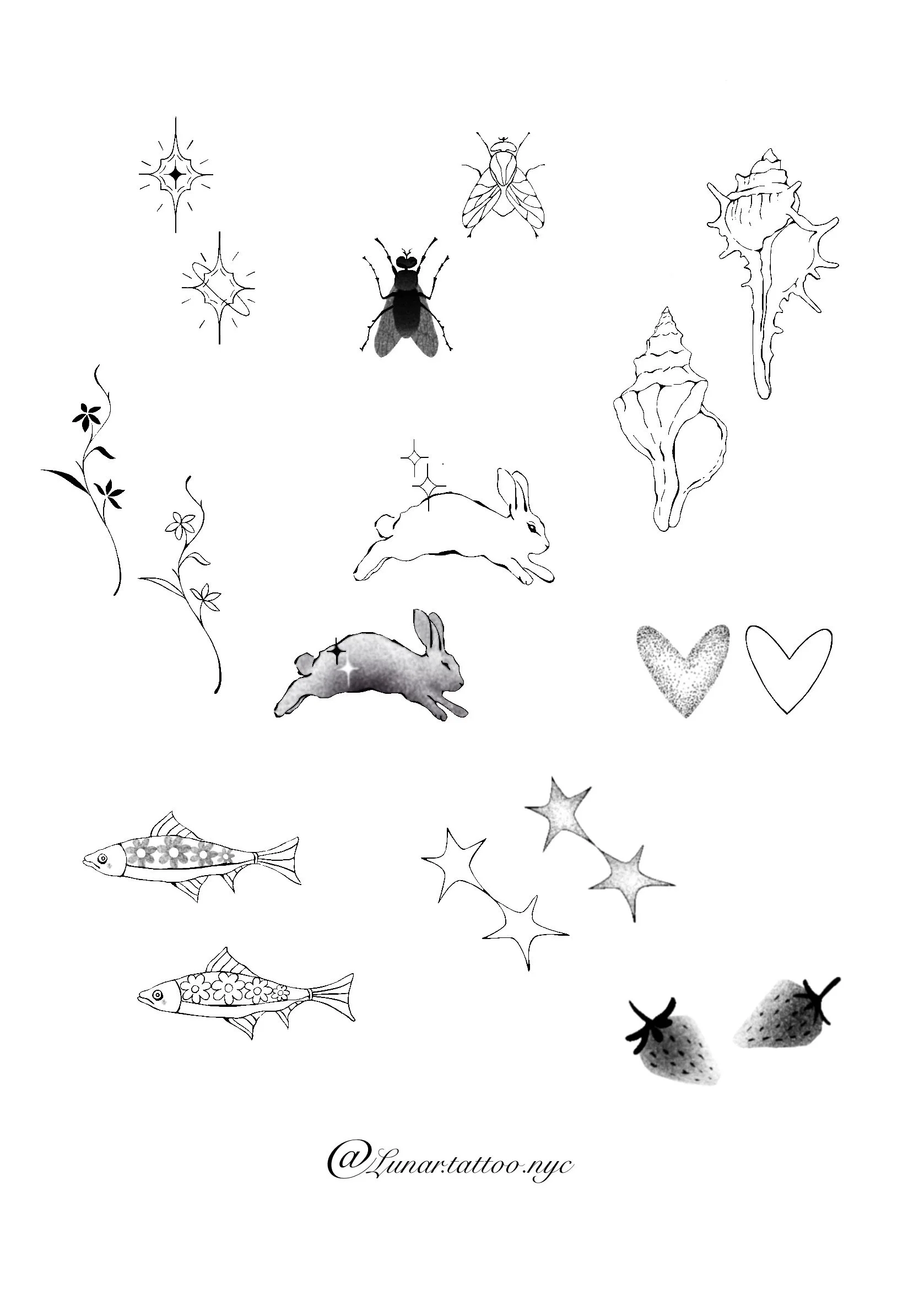 A digital illustration of various black and white tattoo-style drawings, including rabbits, fish, seashells, strawberries, stars, hearts, flowers, insects, and sparkles, with the artist's Instagram handle '@Lunar.tattoo.nyc' at the bottom.
