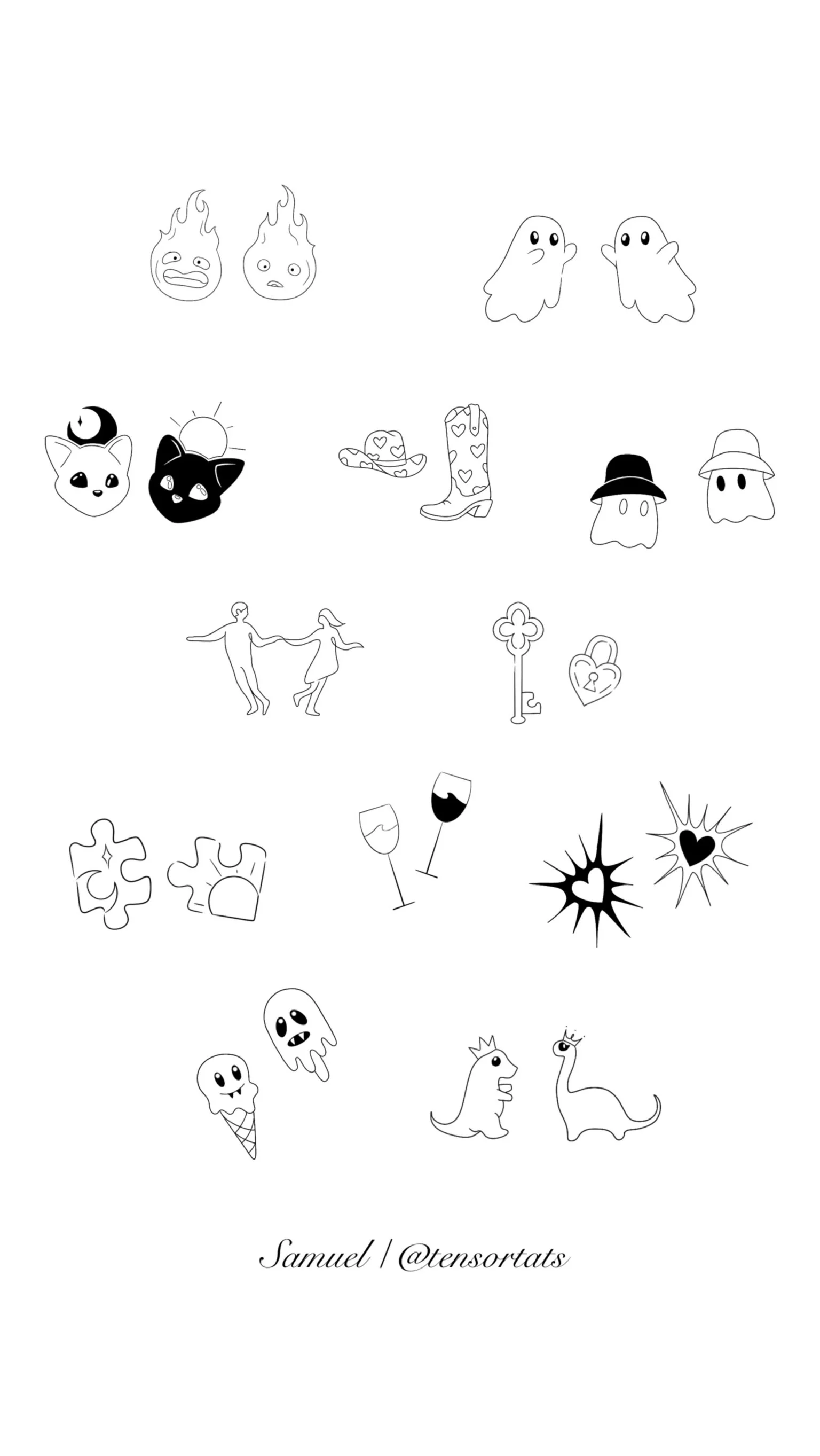 Collection of black and white illustrations including flames with faces, ghosts, cats with moons and suns, cowboy boots and hats, dancers, keys and locks, puzzle pieces, wine glasses, hearts, cartoon monsters, and a dragon. Signed Samuel / @tensortat