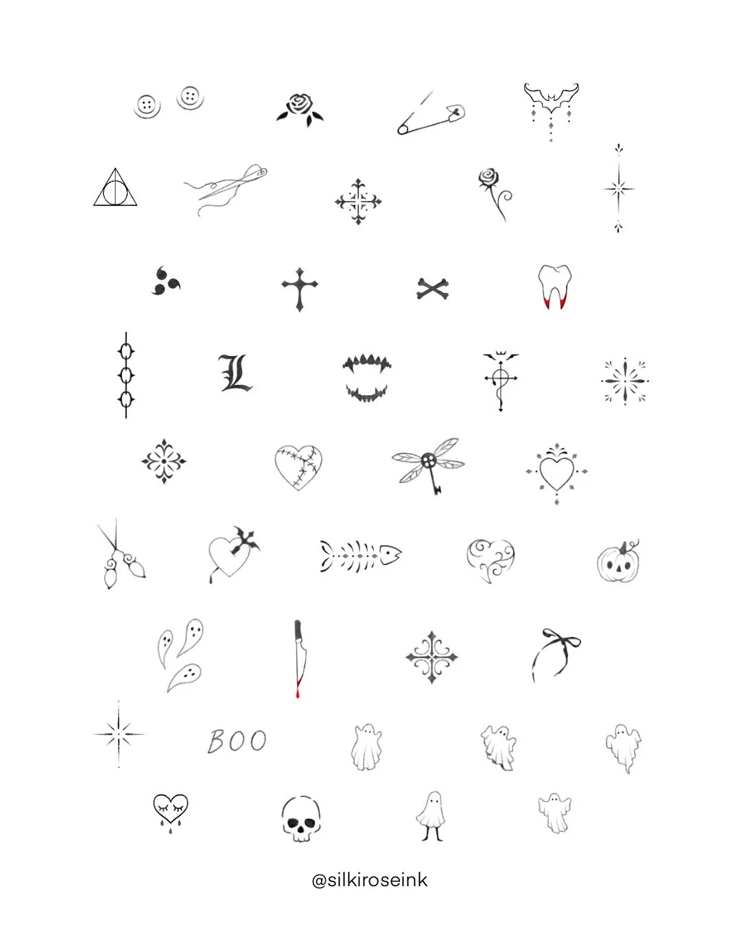 Collection of black and white tattoo-style illustrations, including hearts, crosses, teeth, ghostly figures, a skull, a pumpkin, a dagger, a spider, stars, and abstract designs.