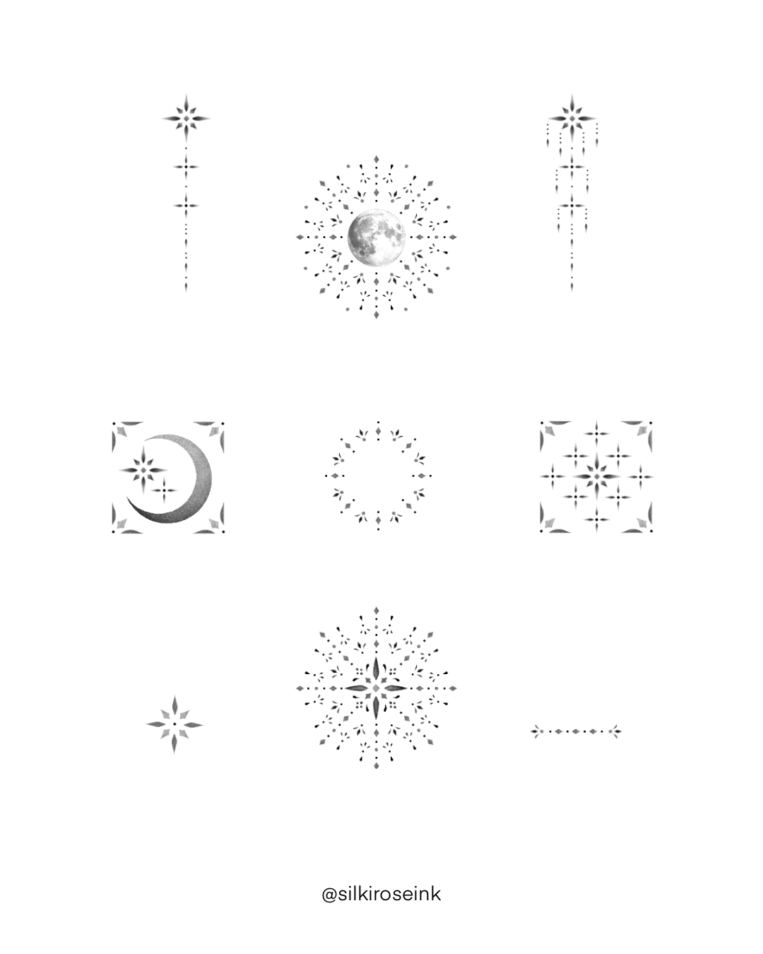 Black and white celestial tattoo designs including stars, moons, and intricate patterns with a central moon image.
