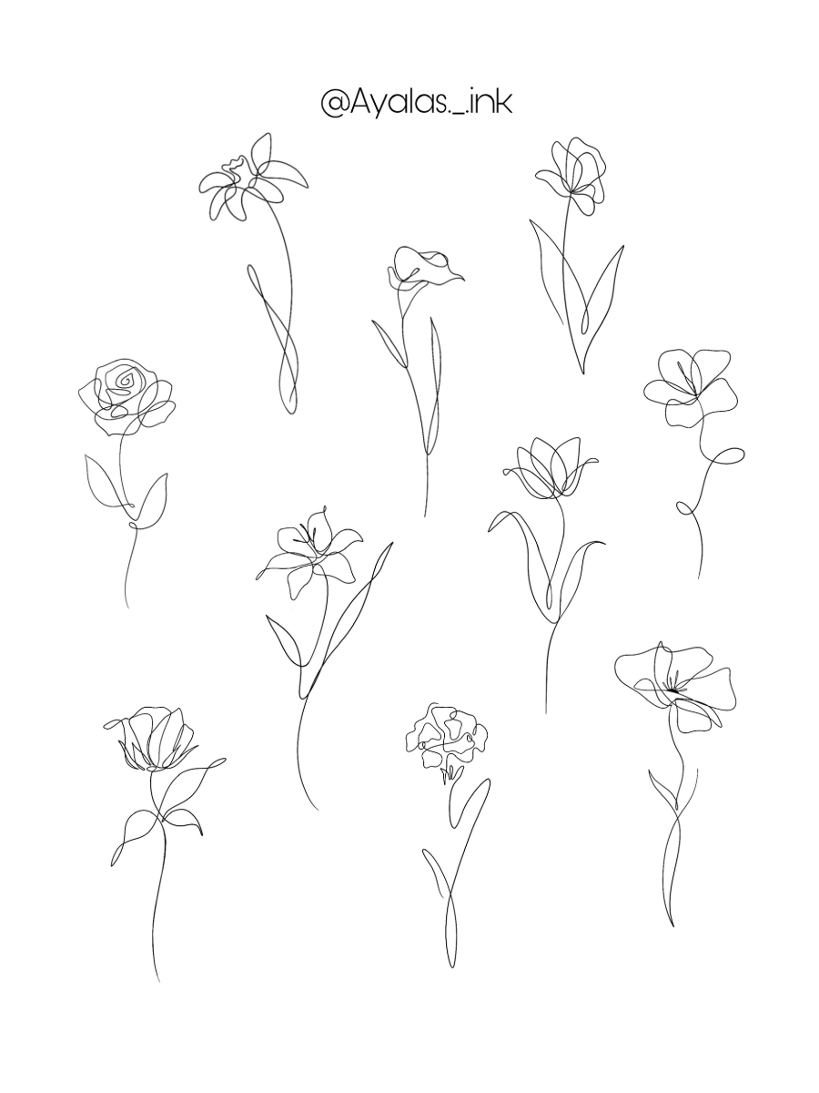 Line drawing of various flowers with a username '@Ayalas._ink' at the top.