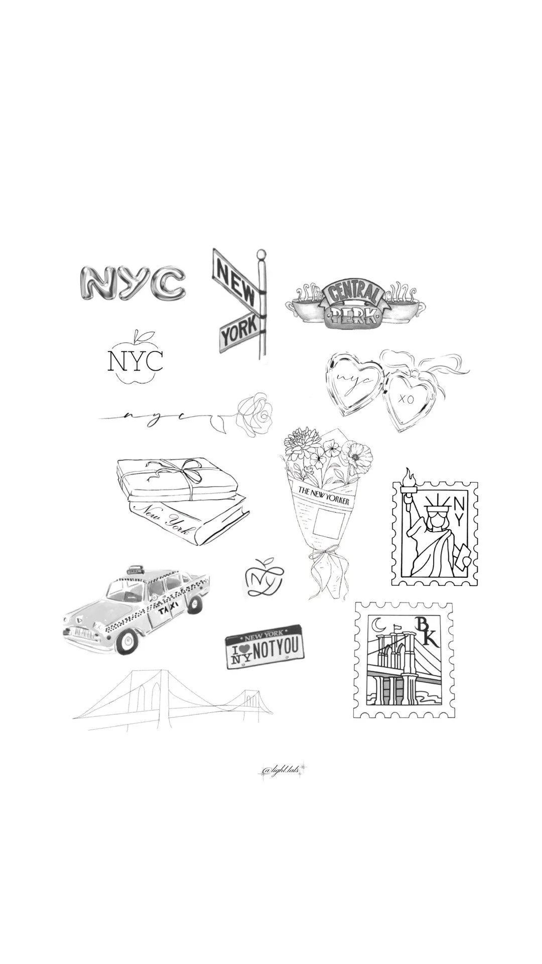 Collection of black and white doodles and sketches representing New York City themes, including taxi cabs, the Statue of Liberty, Brooklyn Bridge, Central Park sign, city street signs, hearts, flowers, and fashion-related items.