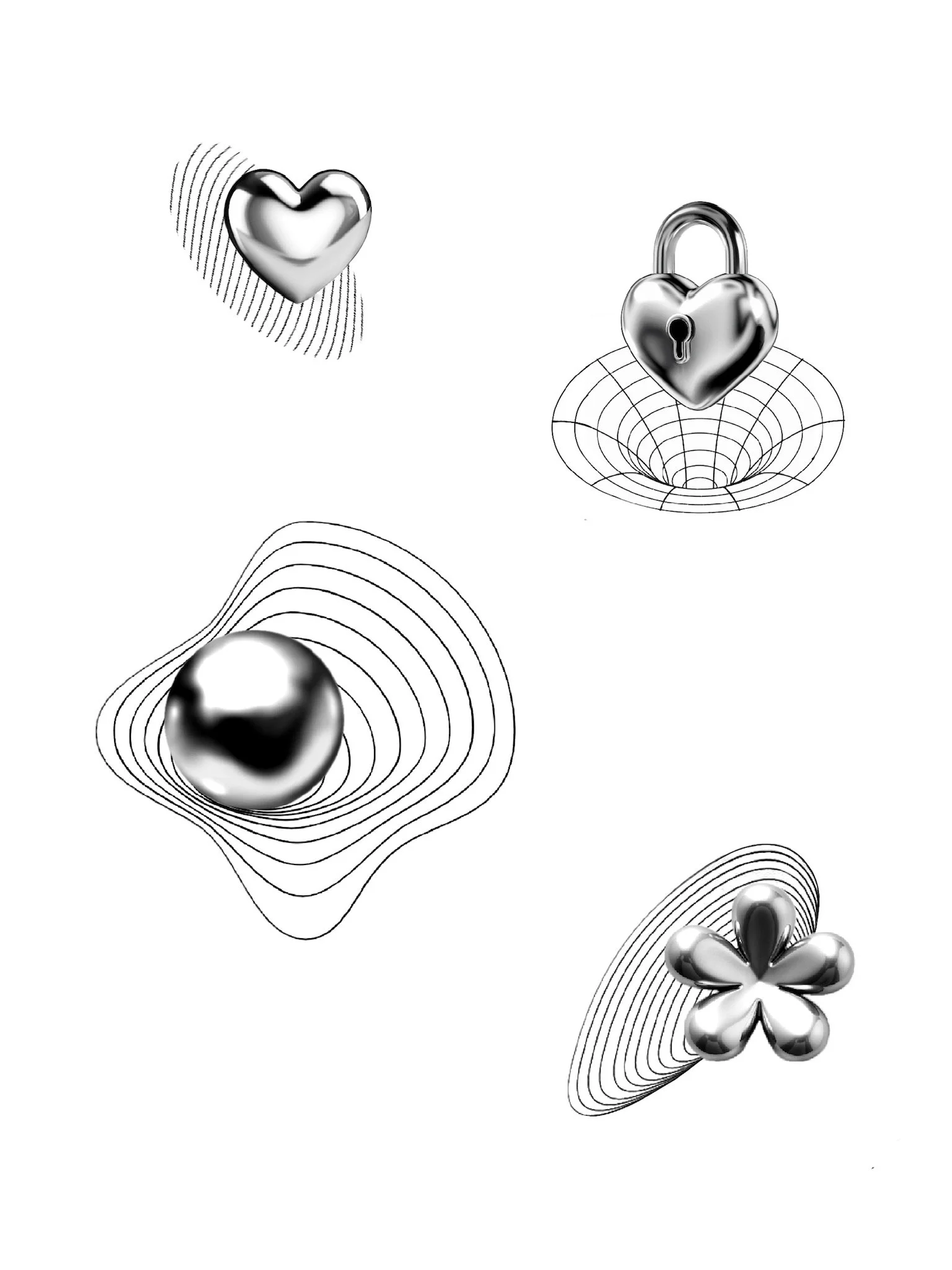 Four metallic objects resembling a heart, a sphere, a lock, and a four-leaf clover, each with abstract lines or wireframes around them.