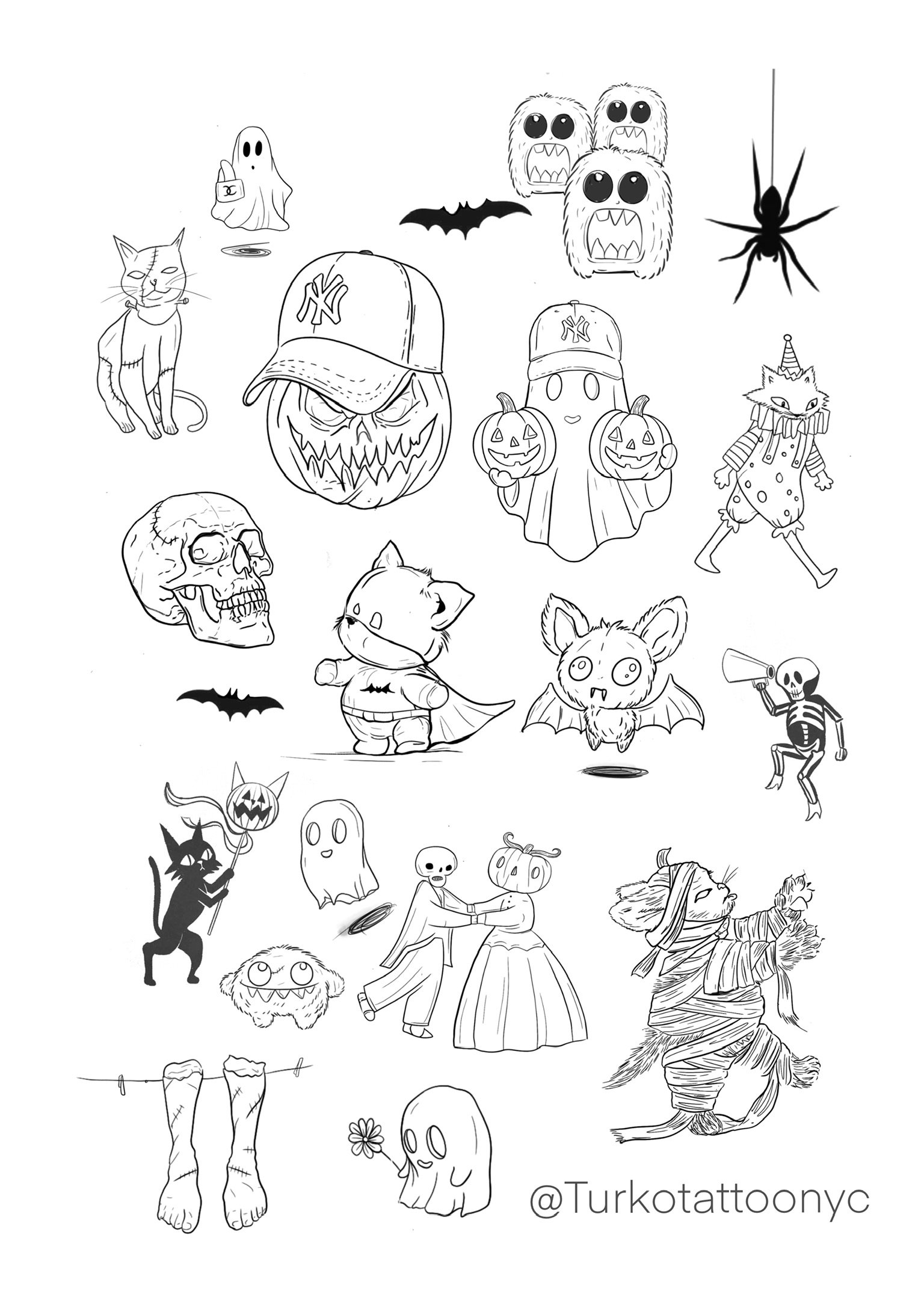 Black and white Halloween-themed doodles including ghosts, bats, a spider, a pumpkin, a skull, a cat, a Frankenstein-like creature, a vampire, and several cute monsters and costumes.
