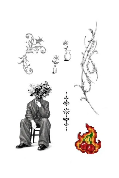 A surreal collage with floral designs, a vases with flowers, a pixel art flame, and a person sitting on a chair with a tree and bush as a head.