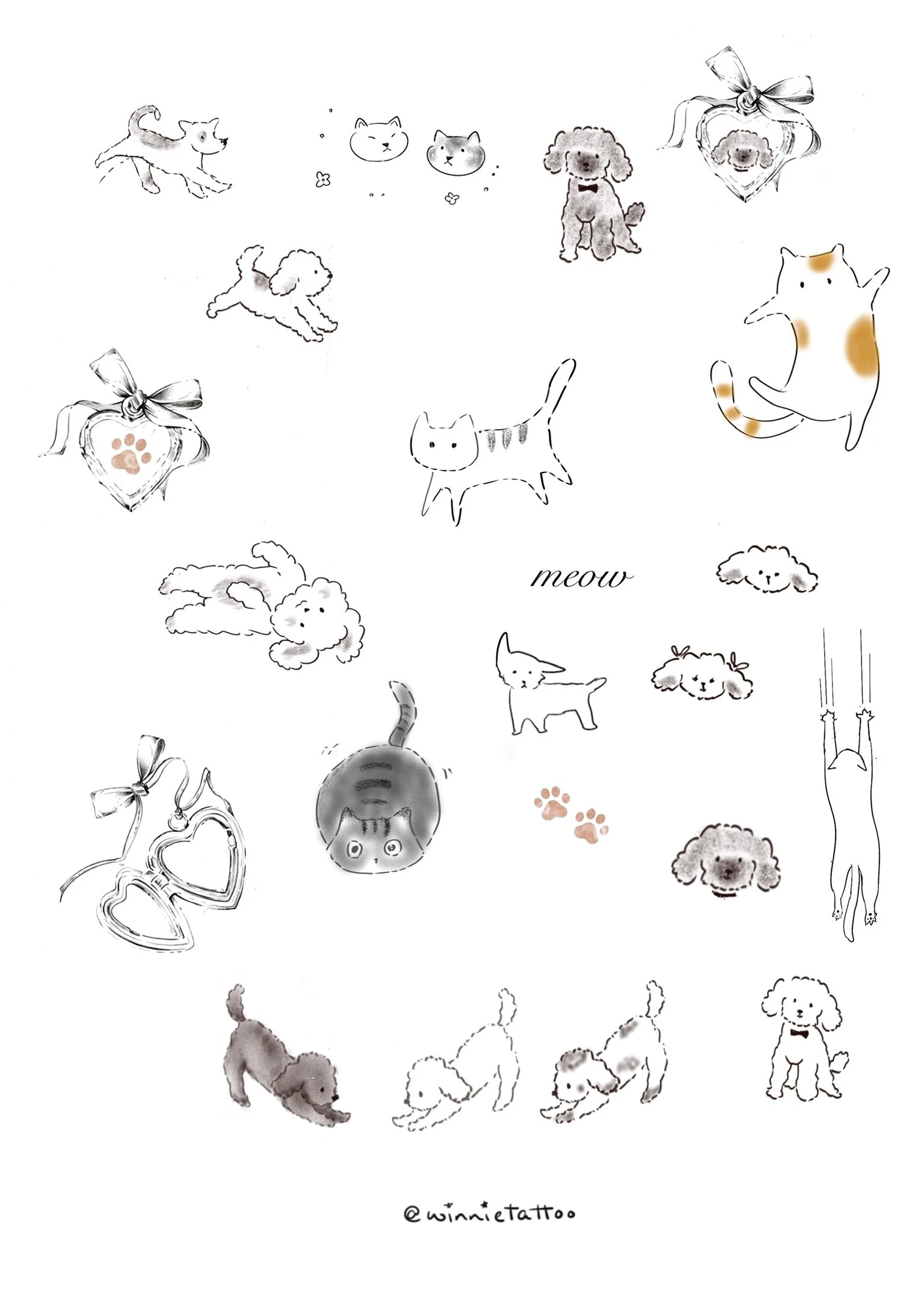 Illustration of various playful cats, dogs, clouds, paw prints, and heart-shaped items on a white background. Some animals are in pencil sketches, while a few are colored or shaded. The word 'meow' and the Instagram handle '@winnie.tattoo' are also i
