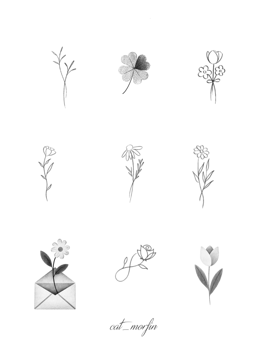 A collection of nine minimalist black-and-white floral and plant drawings, including a flower in an envelope, with the text "cat_morfin" at the bottom.