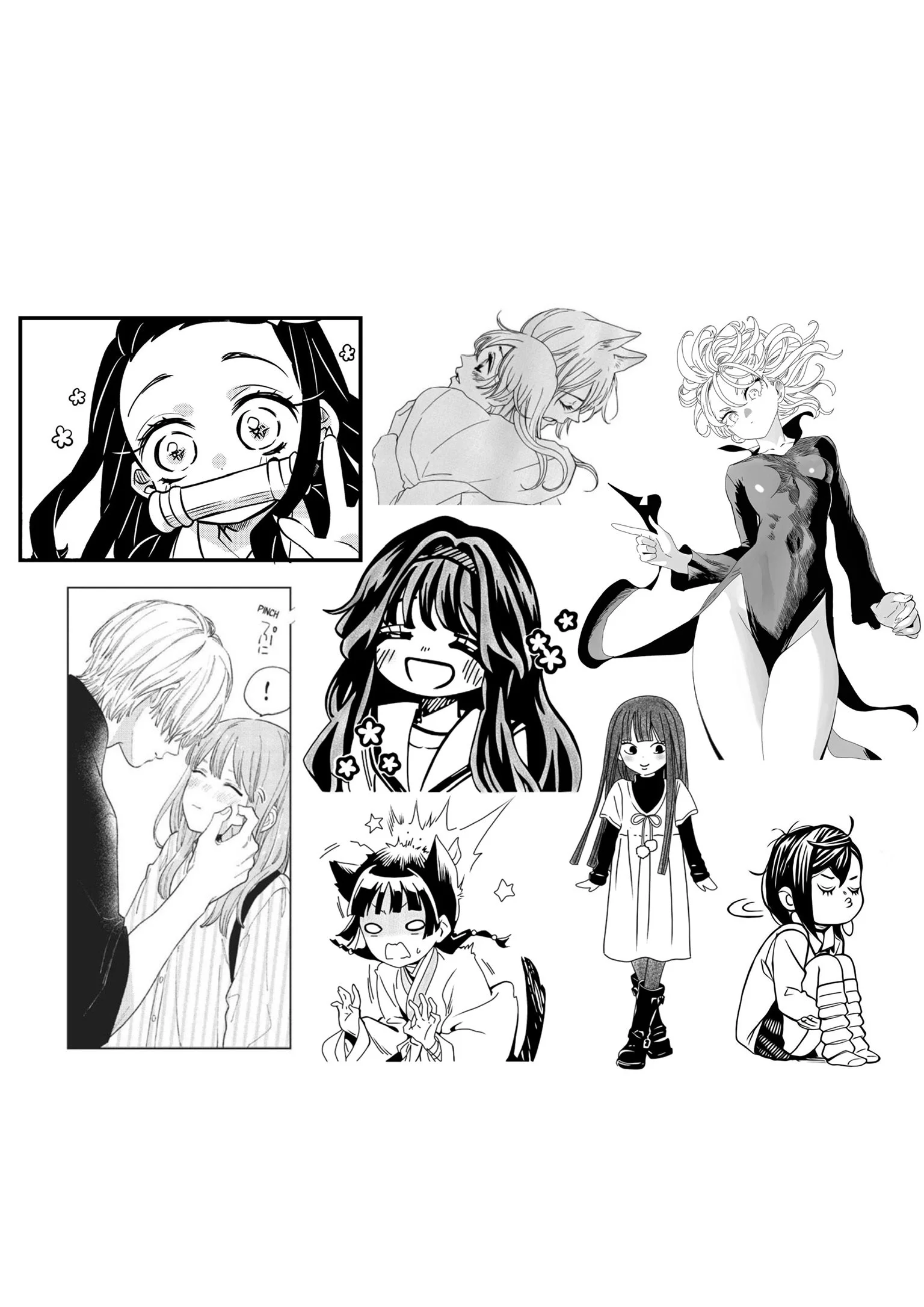 A collage of manga-style characters displaying various emotions, including happiness, surprise, and contemplation.