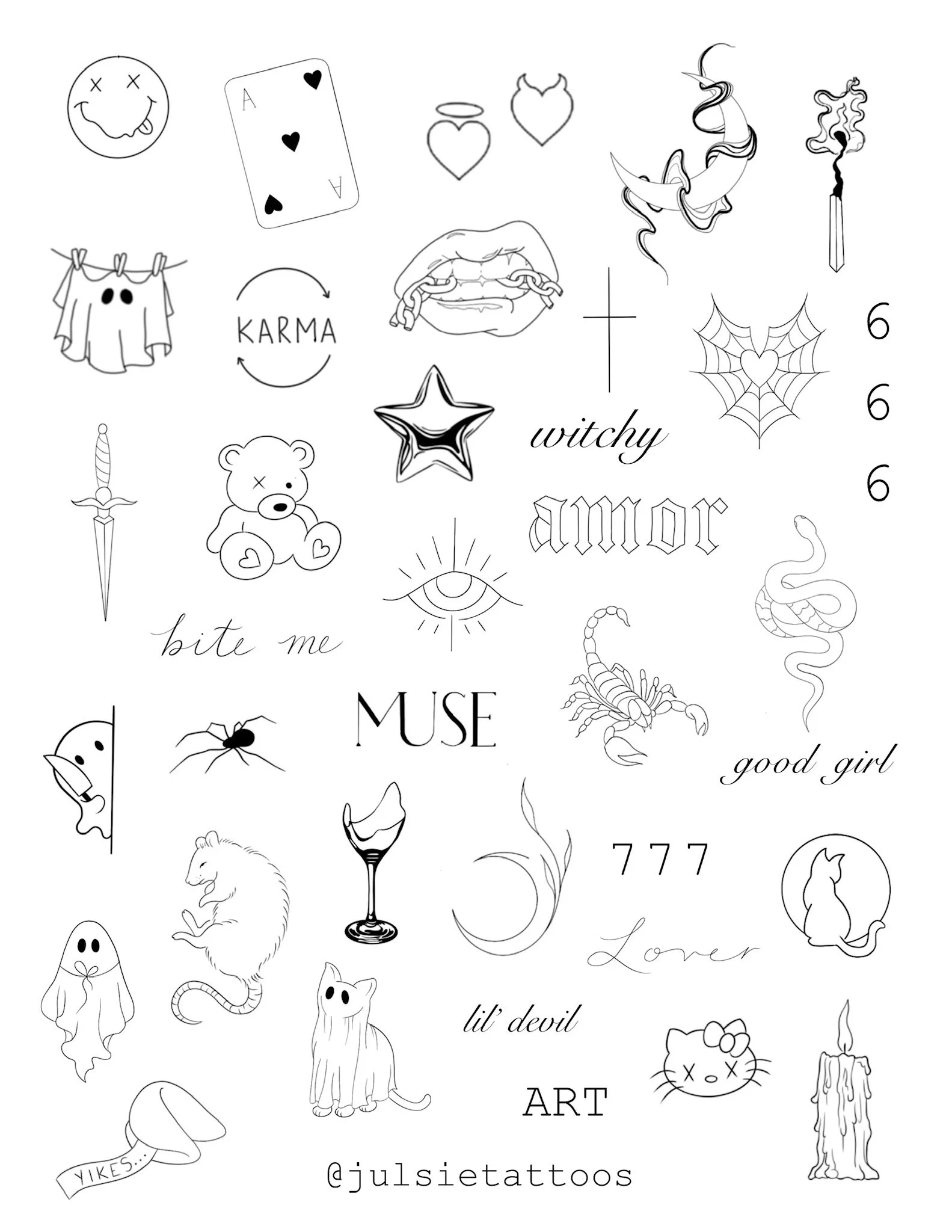 Collection of black and white illustrations, including a smiley face, playing card, hearts, smoking pipe, web with spider, gift, teddy bear, eye, crescent moon, cat silhouette, dancing ghost, candle, and various words like 'witchy', 'amOR', 'good gir