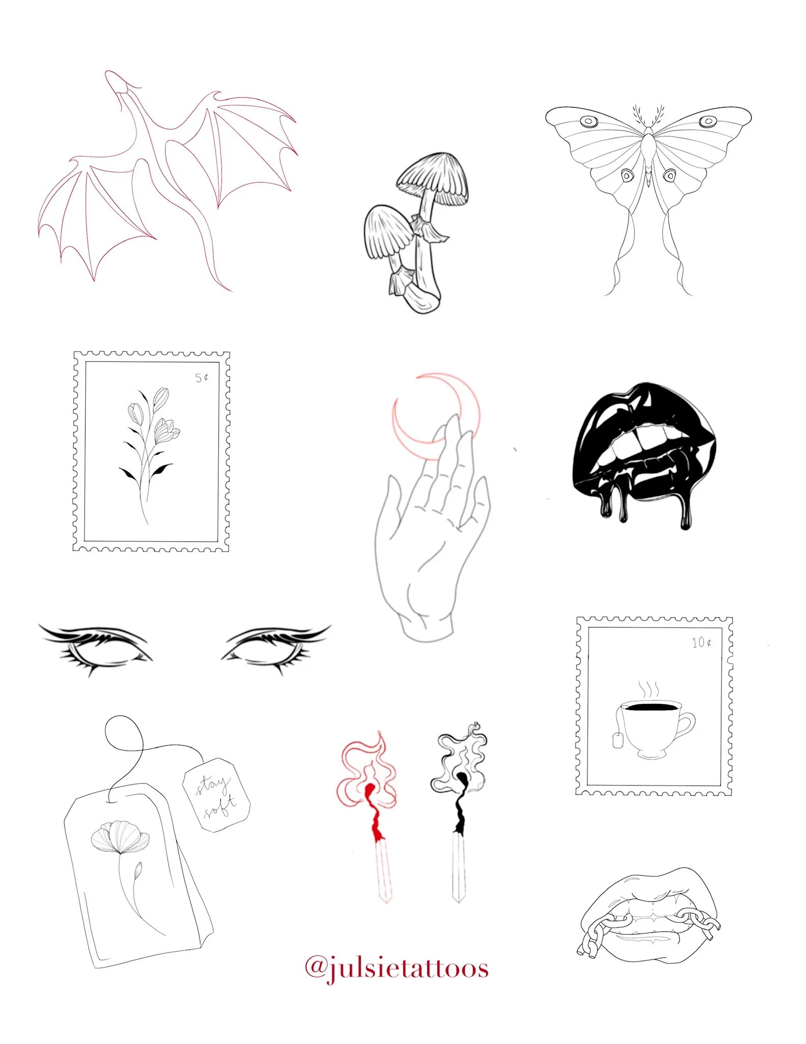 A collection of tattoo-style illustrations including a bat with outstretched wings, a cluster of mushrooms, a butterfly, a postage stamp with a plant, a hand holding a crescent moon, black lips with dripping makeup, a pair of stylized eyes, a tea bag