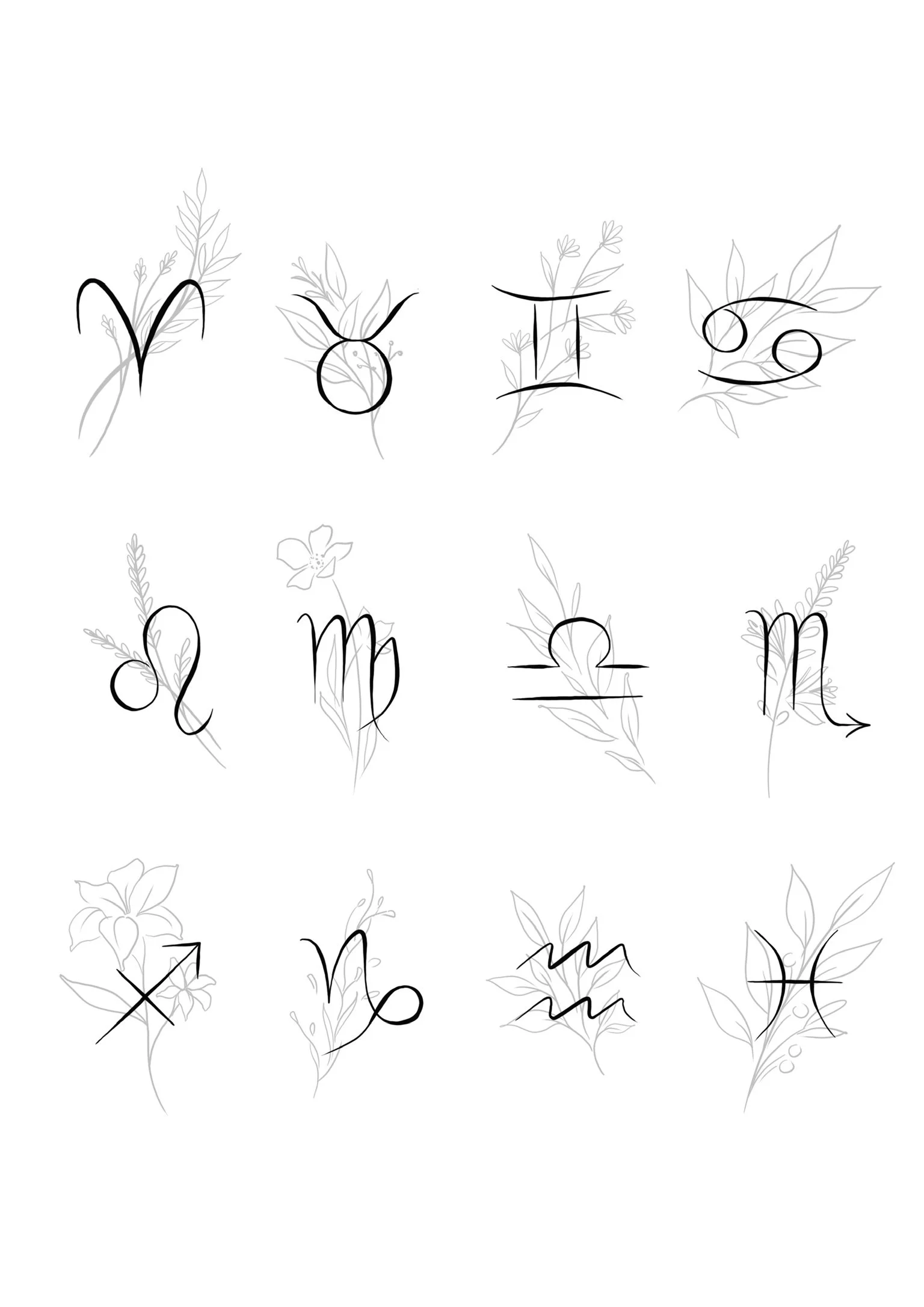 Stylized zodiac symbols with floral accents arranged in a 3x4 grid.