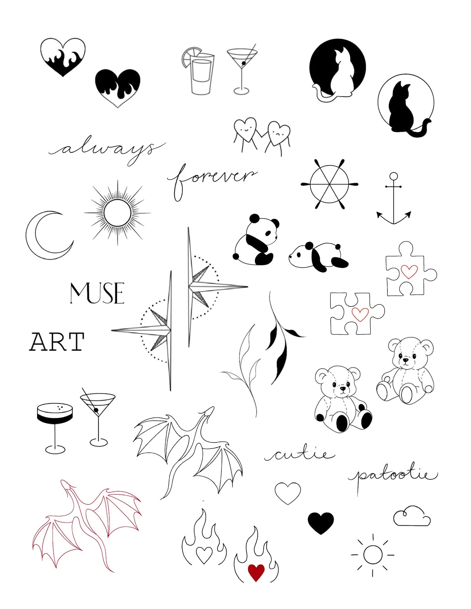 Collection of black and white drawings including hearts, cats, pandas, teddy bears, puzzle pieces, shells, a dragon, flames, a sun, moon, and various words like "always", "forever", "muse", "art", "cutie", and "pootie" with some small red accents.