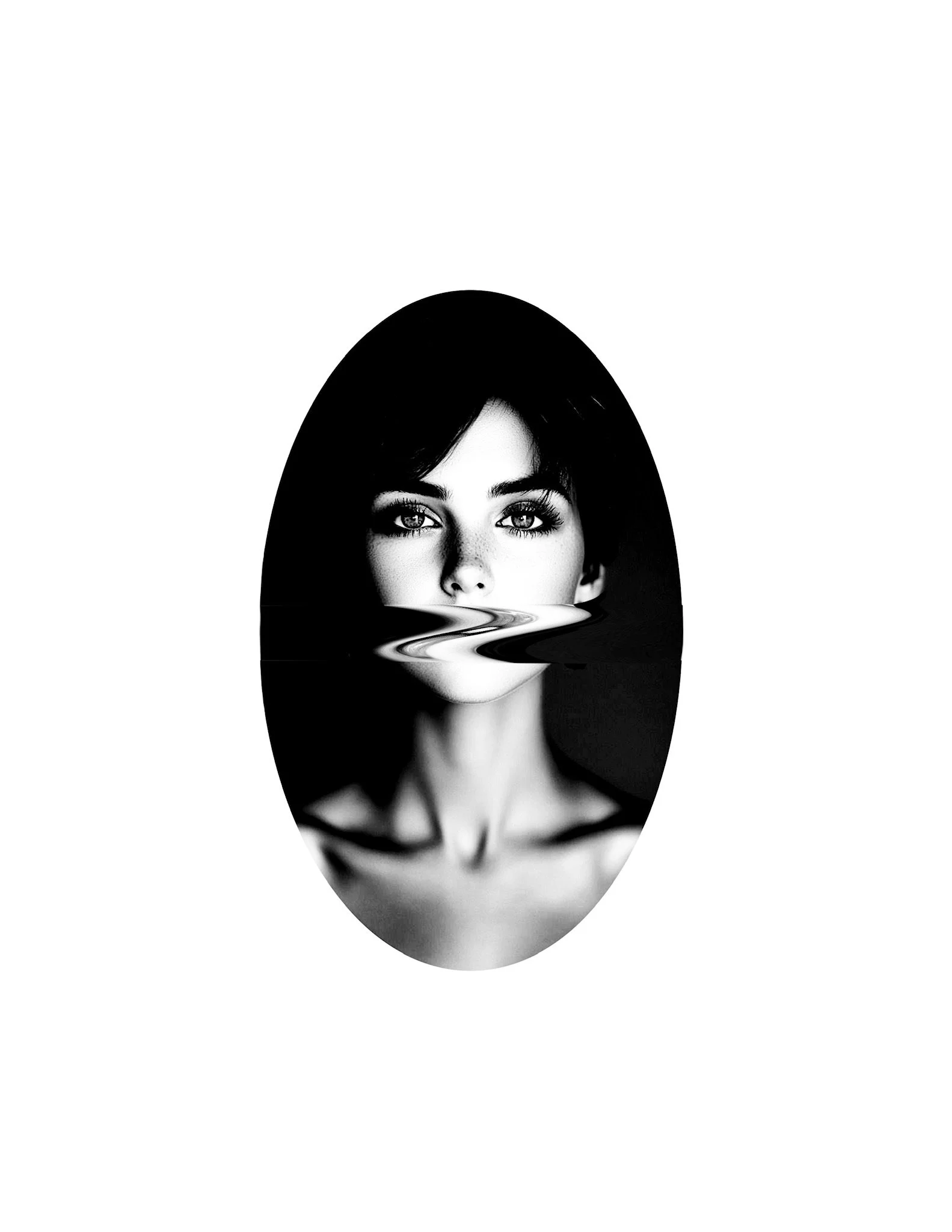 A black and white photo of a woman's face with a distorted, wavy mirror effect across her mouth and chin, set against a white background.