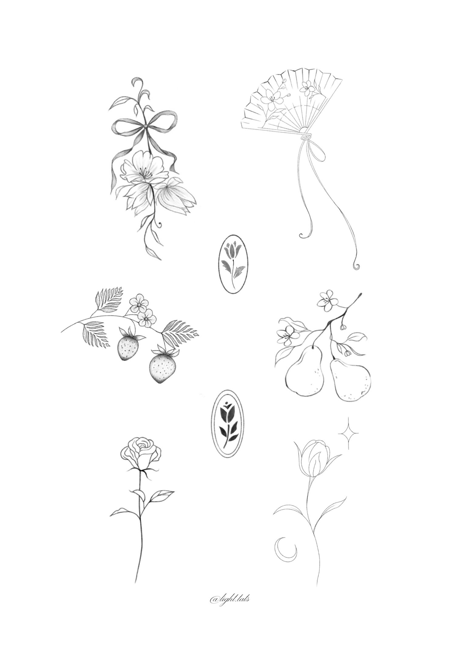 A collection of black and white line drawings of flowers, fruits, and decorative elements on a white background.