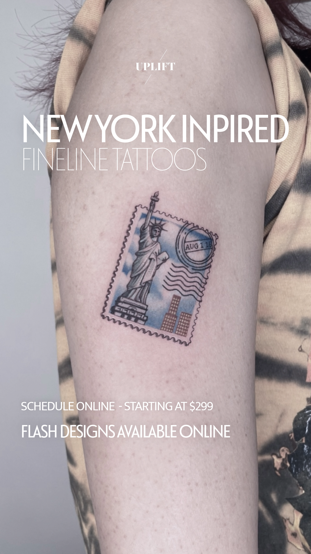 A tattoo of the Statue of Liberty designed as a postage stamp, with a cityscape and a postal mark that reads August 1, 2018, on a person's upper arm.