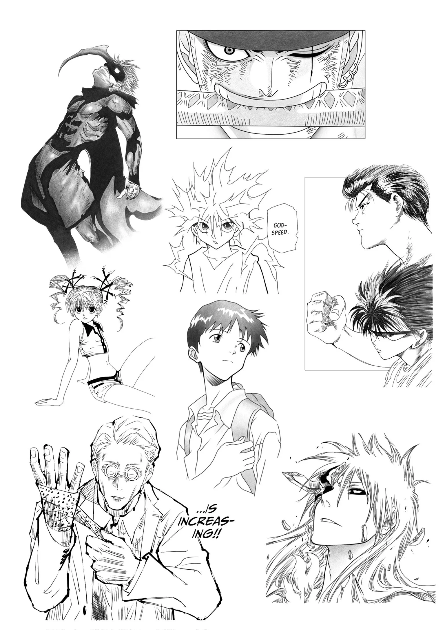 A collage of various manga characters with different expressions and poses, including a character with a bird mask, a close-up of a man with a hat, a spiky-haired character, a girl with pigtails, a boy with a backpack, a scientist-like figure, and ot