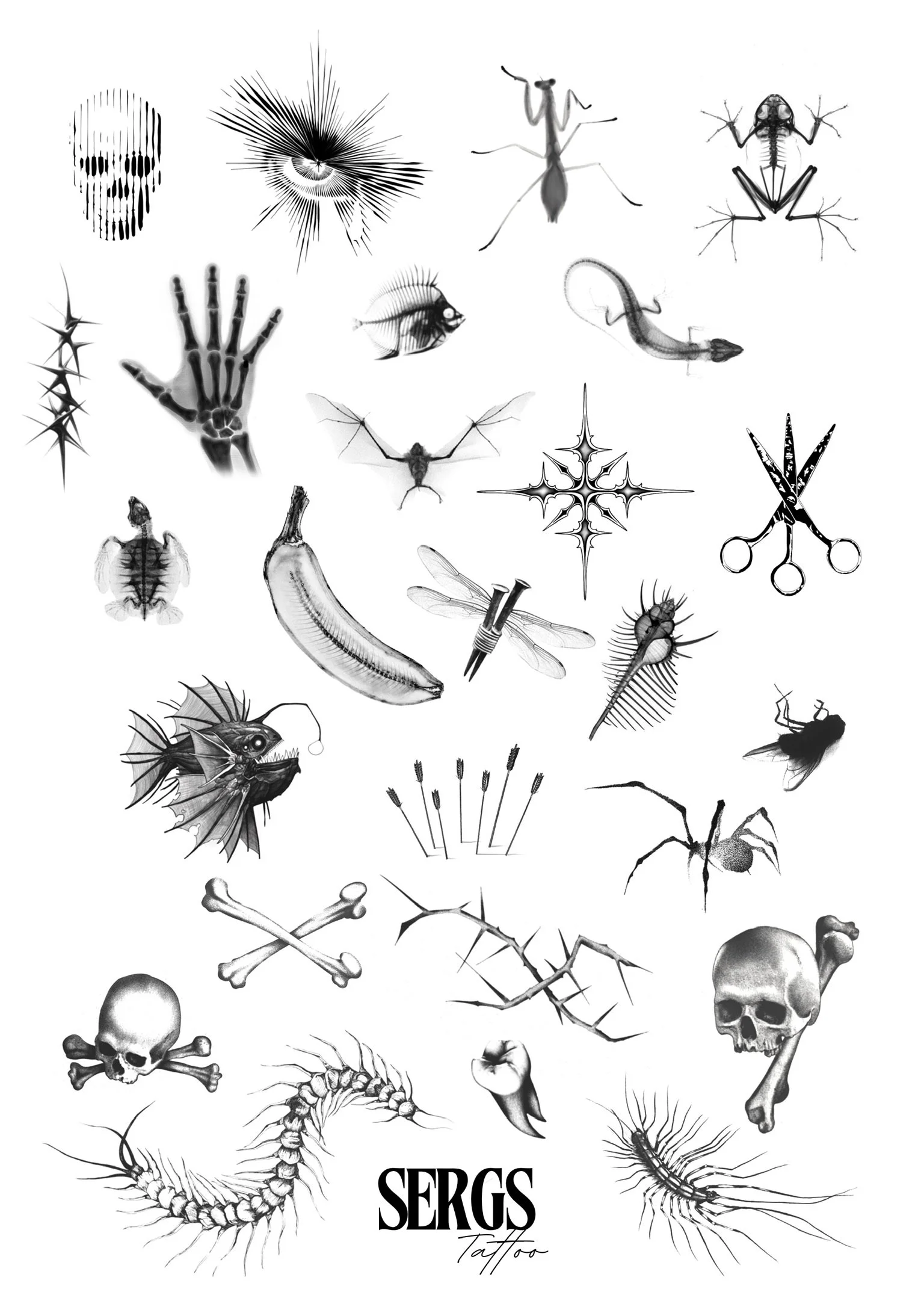 Collection of black and white tattoo designs featuring skulls, skeletons, insects, animals, and various other gothic motifs, with the word "SERGS" at the bottom.