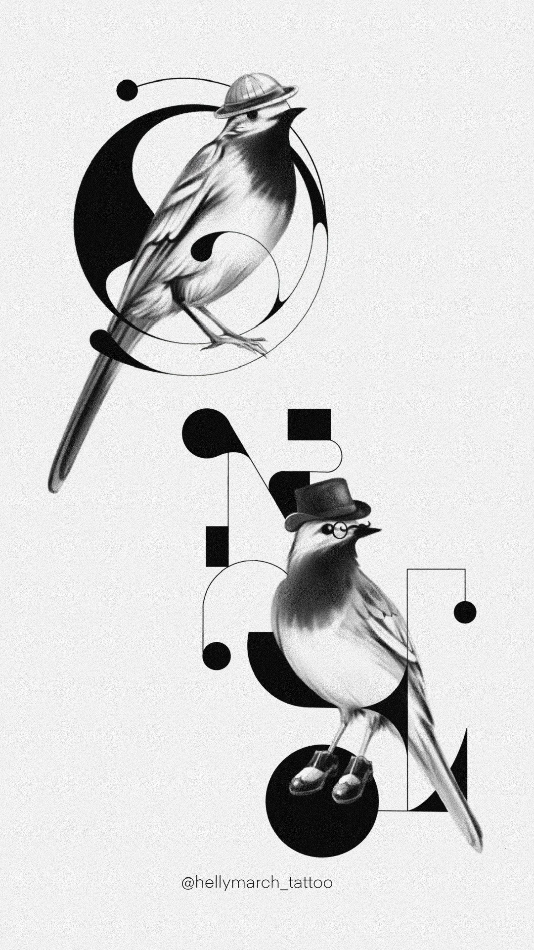 Two black and white illustrated birds wearing hats and shoes, surrounded by geometrical shapes and lines, with the Instagram handle '@hellymarch_tattoo' at the bottom.