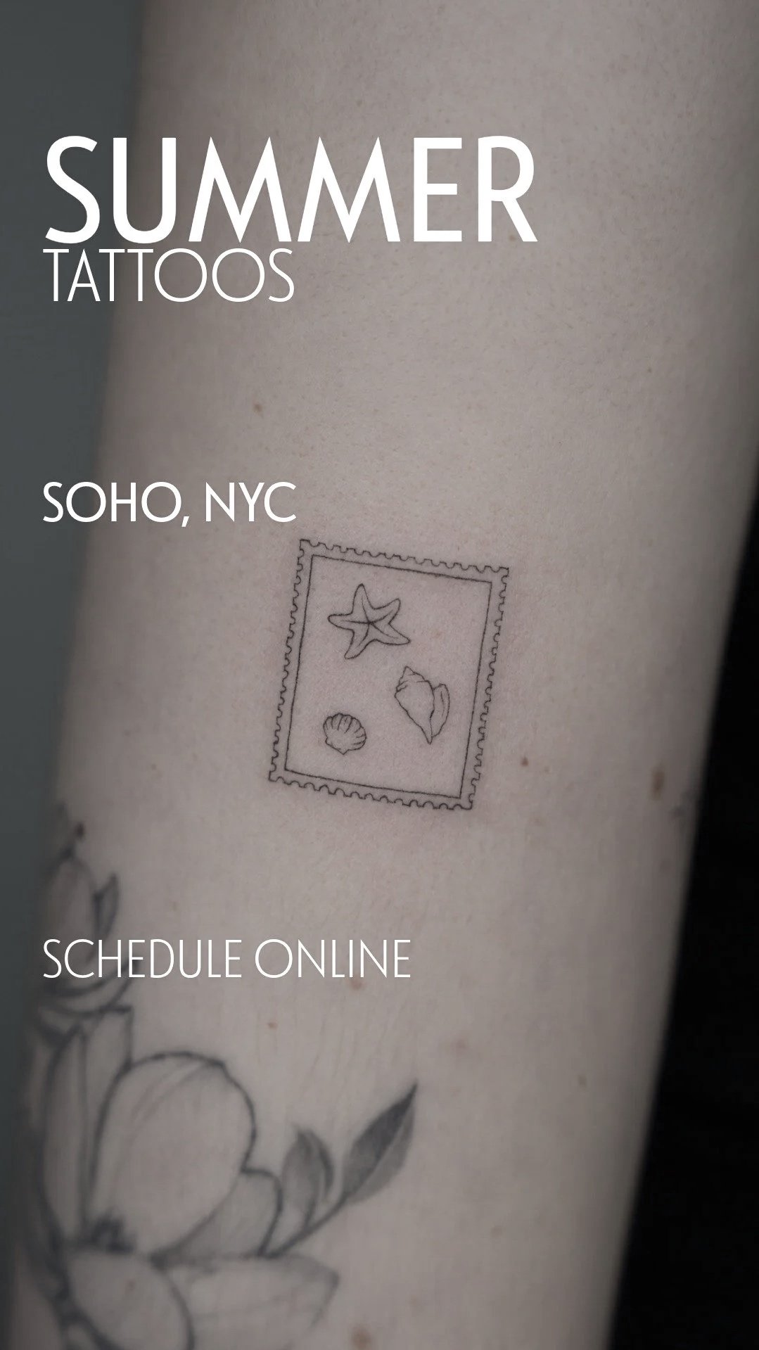 Promotional image for summer tattoos featuring a tattoo of a starfish, shell, and a conch shell on a person's skin, with text indicating availability in Soho, NYC, and online scheduling.