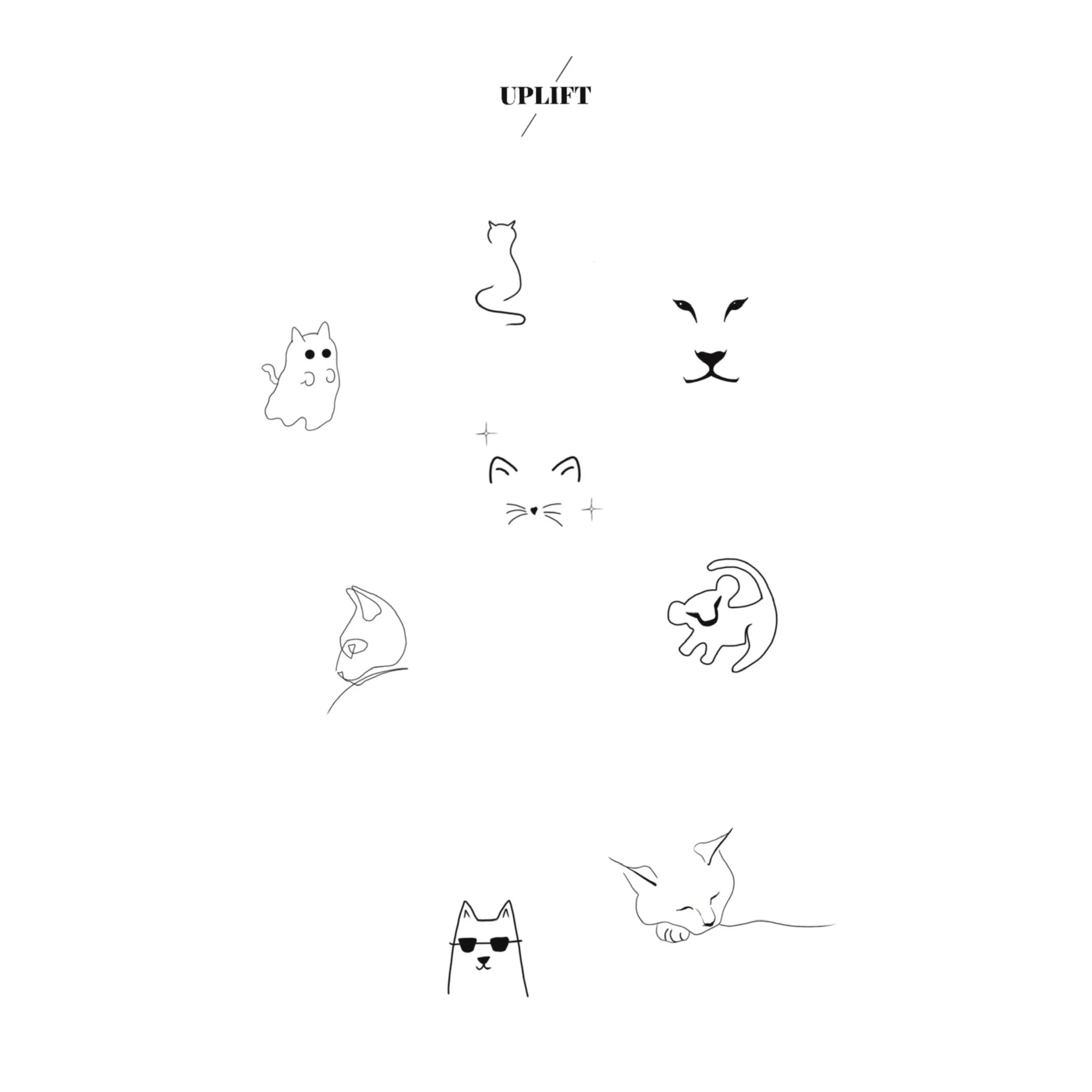 Collection of minimal black and white line drawings of various cat faces and a cat in sunglasses, with the word "UPLIFT" at the top.