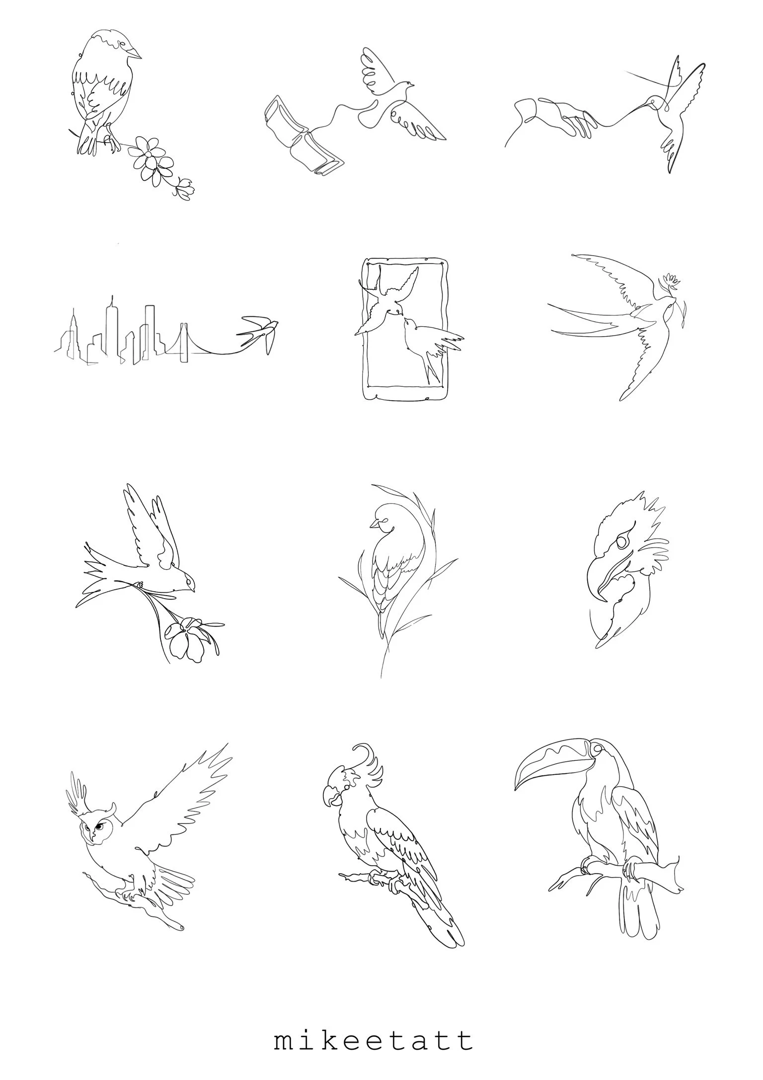 A collection of minimalist line art illustrations of various birds, including a dove, a hawk, a toucan, and others, arranged in a grid pattern with the name 'mikeetatt' at the bottom.