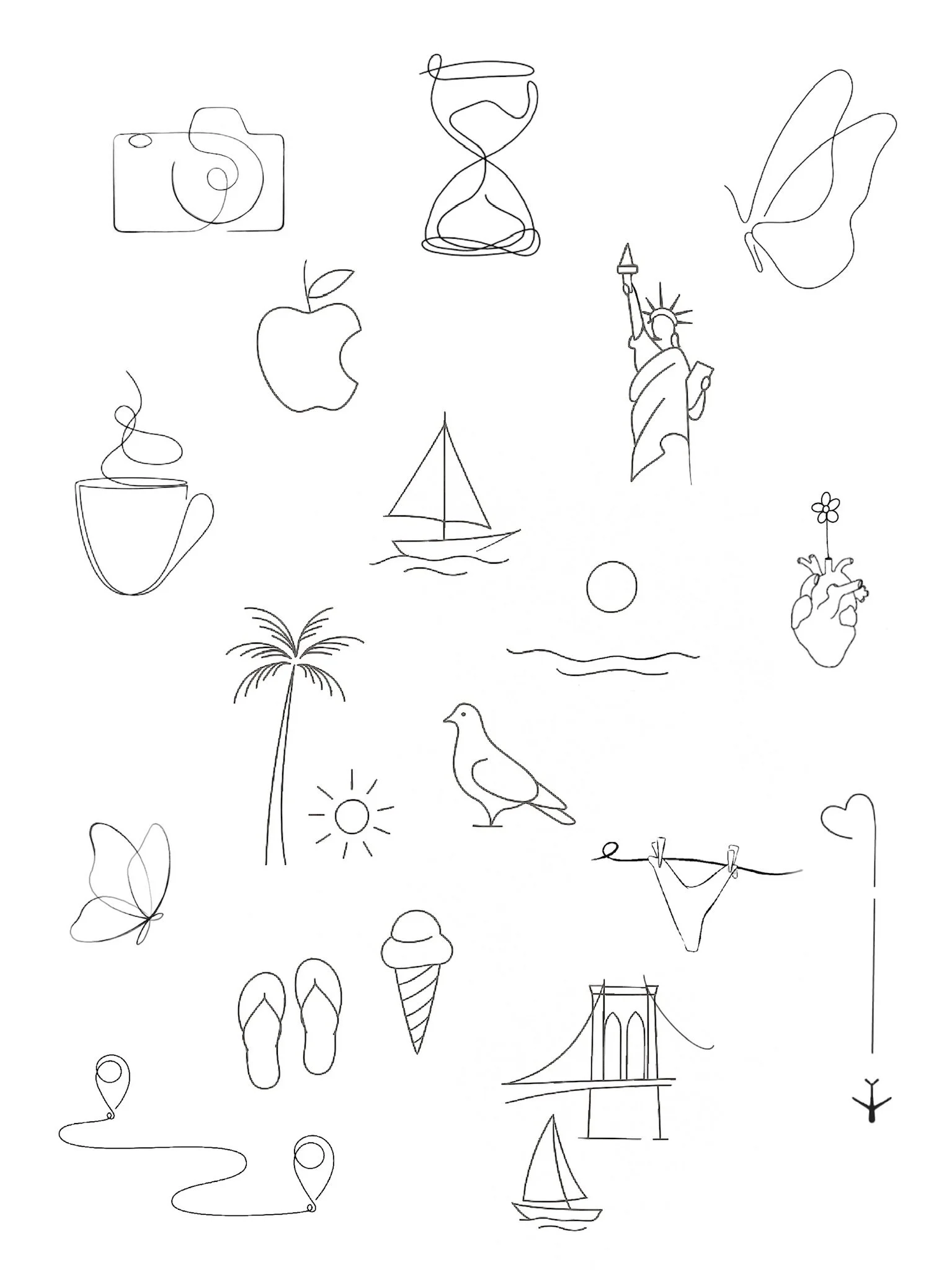 Line drawing of various travel and vacation-related icons, including a camera, hourglass, butterfly, apple, coffee mug, sailboat, sun, palm tree, bird, ice cream cone, Bridge, anchors, and the Statue of Liberty.