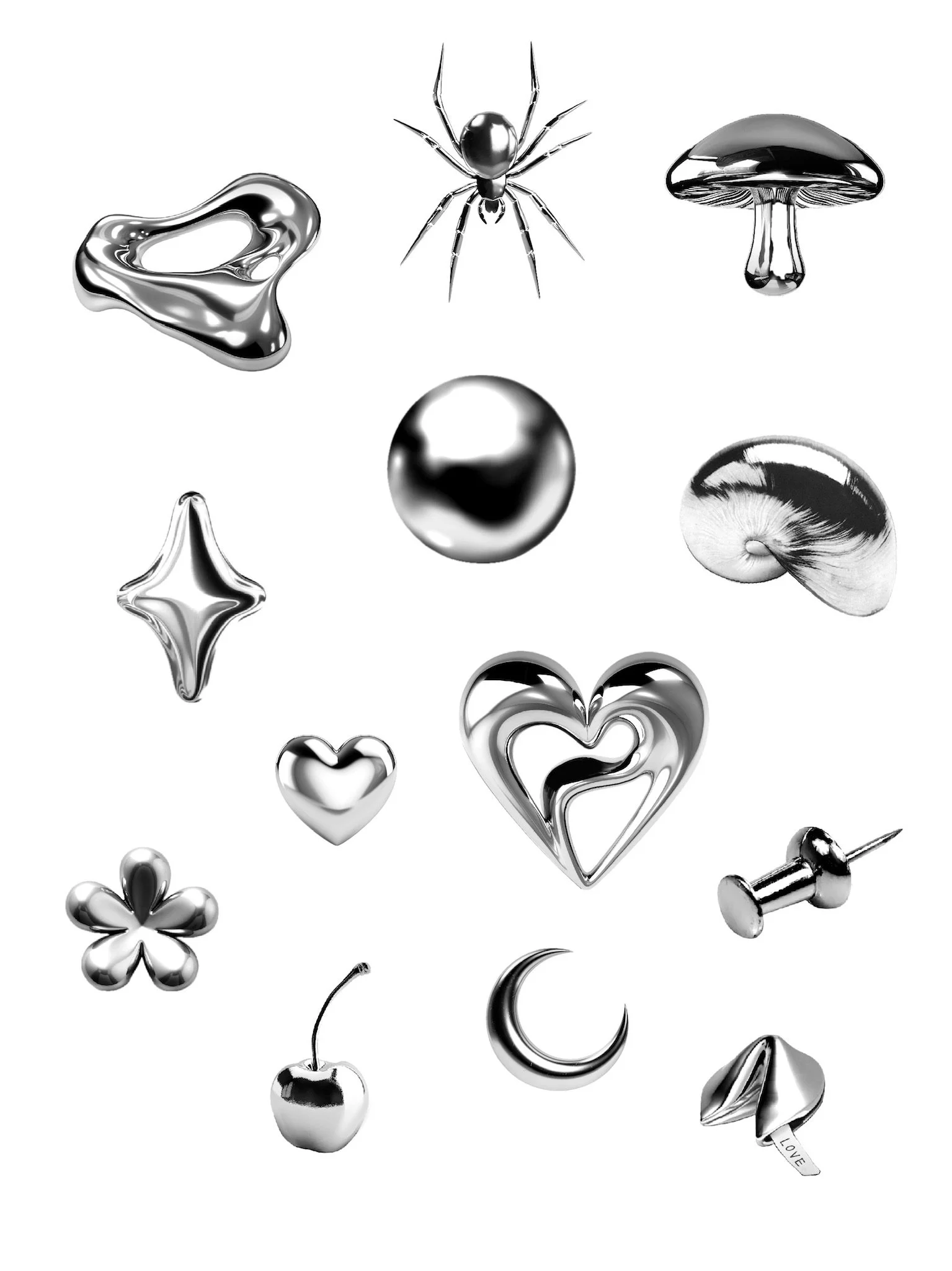 Collection of silver metallic jewelry and decorative objects, including a spider, mushroom, star, heart-shaped items, cherry, crescent moon, and a four-leaf clover.