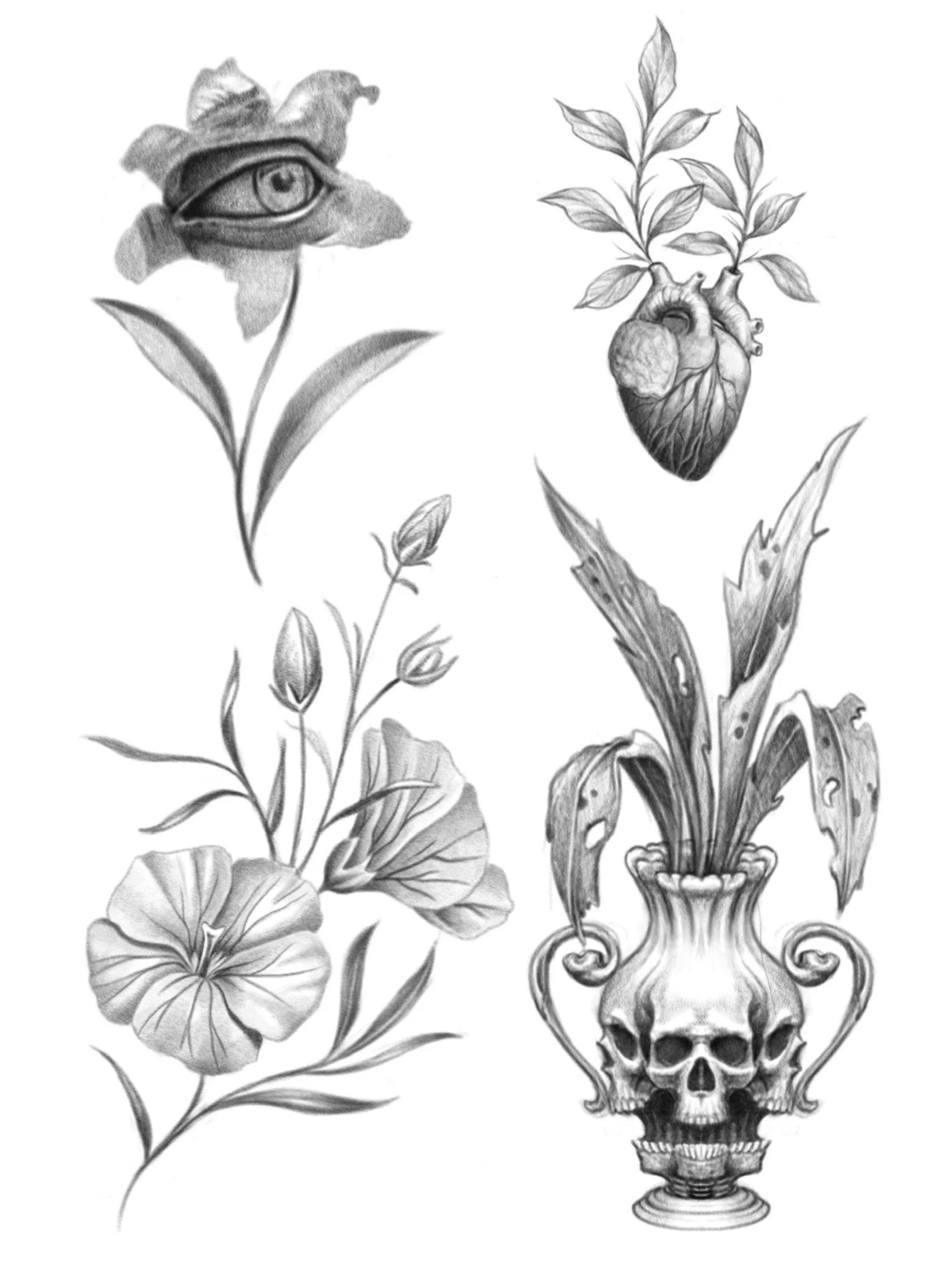 Black and white illustrations of mixed motifs including an eye with a flower, a human heart with leaves, a flowering plant, and a skull vase with leaves growing out of it.