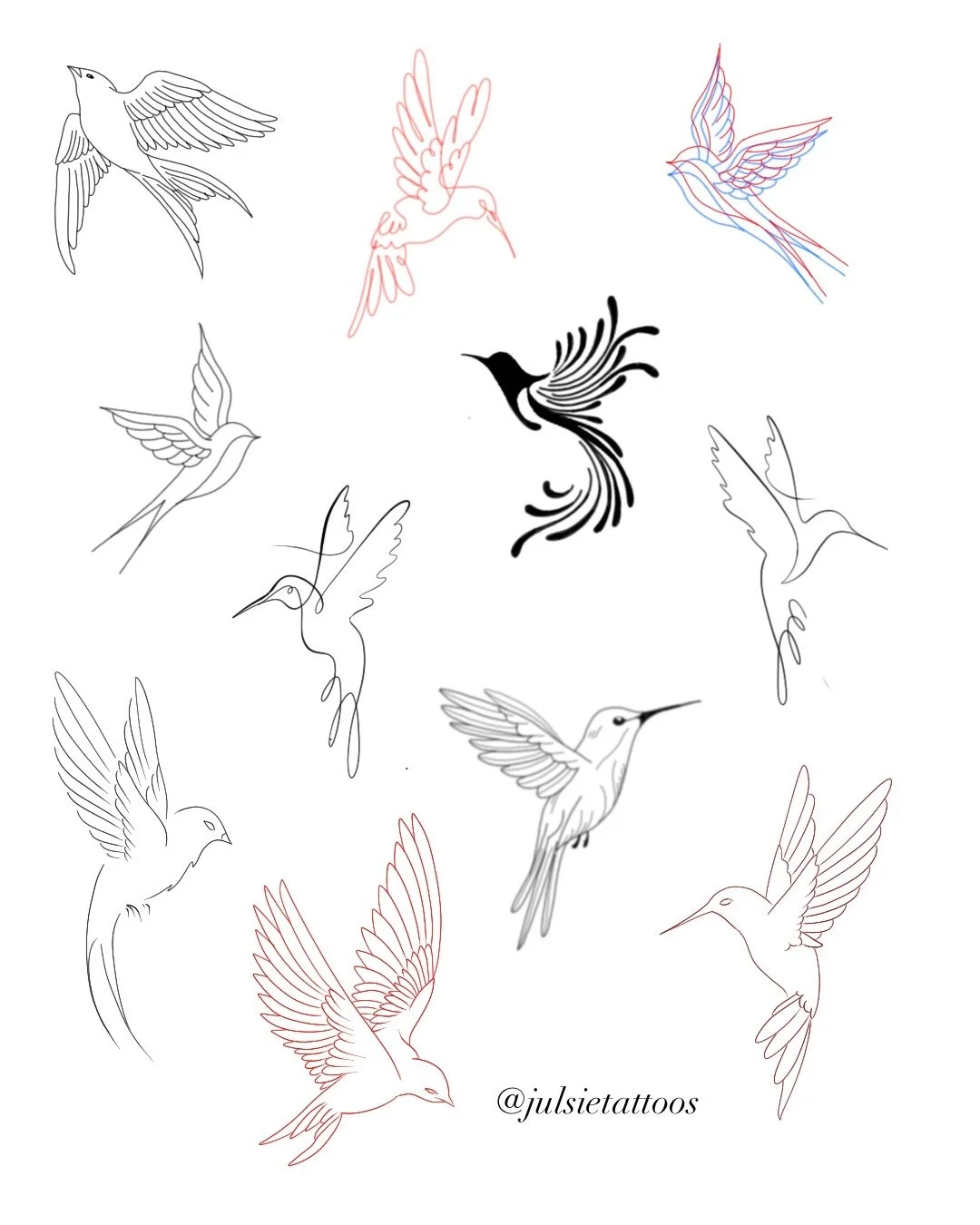 Collection of various hummingbird tattoo line art designs in black, red, and blue, with some in solid black and others in outline, scattered across a white background.