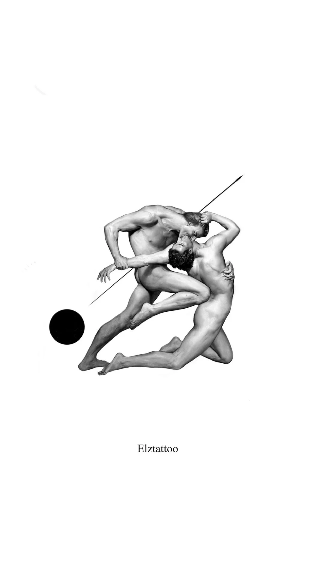 Black and white artwork of two nude male athletes engaging in a wrestling or martial arts move, with one ascending and the other grounded, and a black dot and the text 'Elztattoo' below.