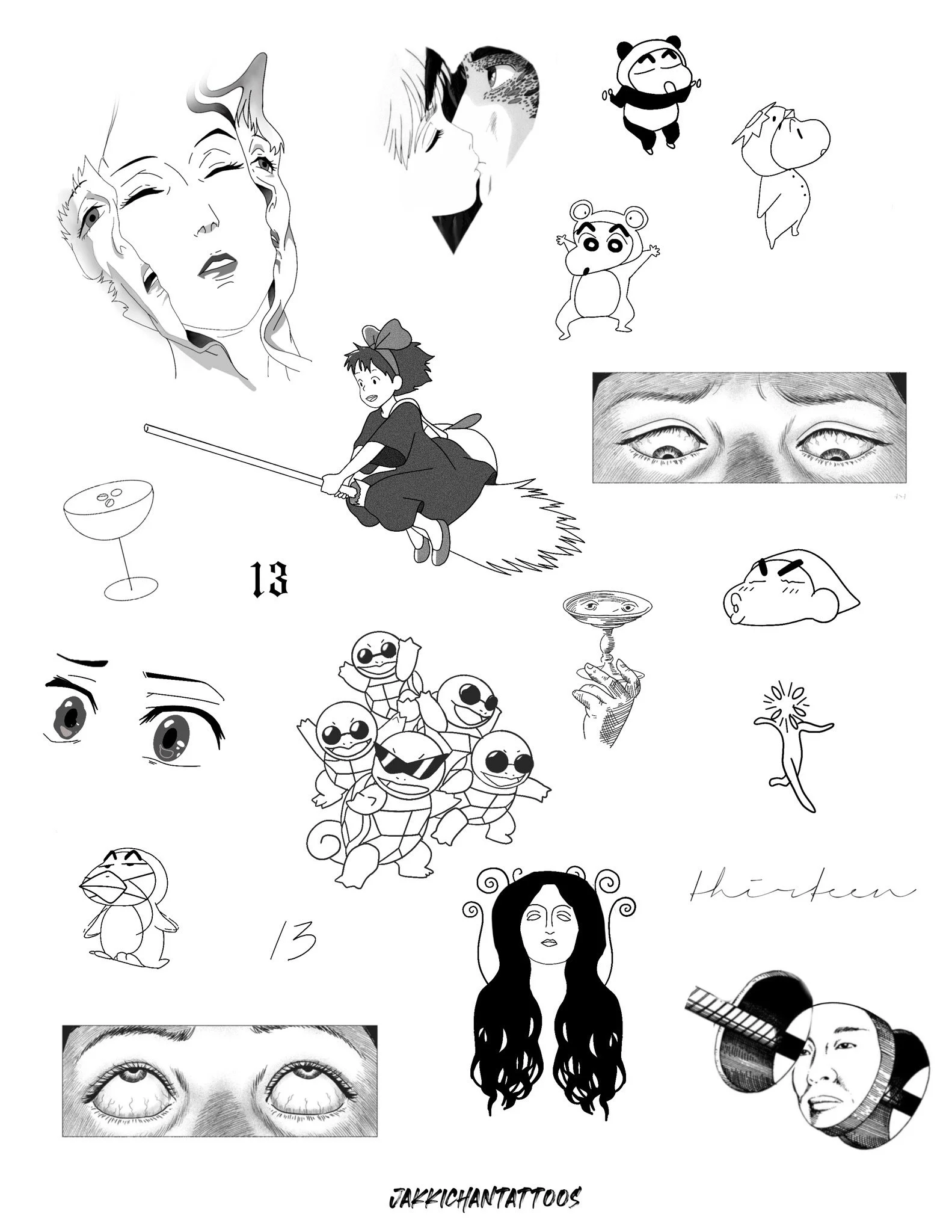 A collage of various hand-drawn and digital images including anime-style faces, cartoon characters like a witch on a broom, a panda, a turtle with sunglasses, and a girl with long hair. There is also a pair of eyes, a hand holding a spinning top, a g