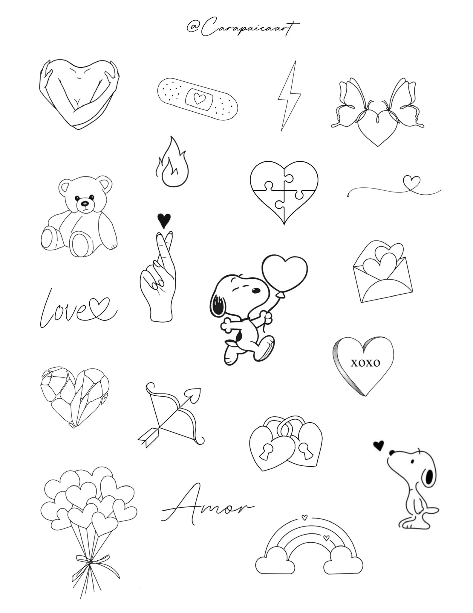 Line art illustrations of love-themed items, including hearts, a teddy bear, a bandage, a lightning bolt, a butterfly heart, a puzzle heart, an envelope with a heart, Snoopy holding a balloon, Cupid with a bow and arrow, and rainbows, along with word
