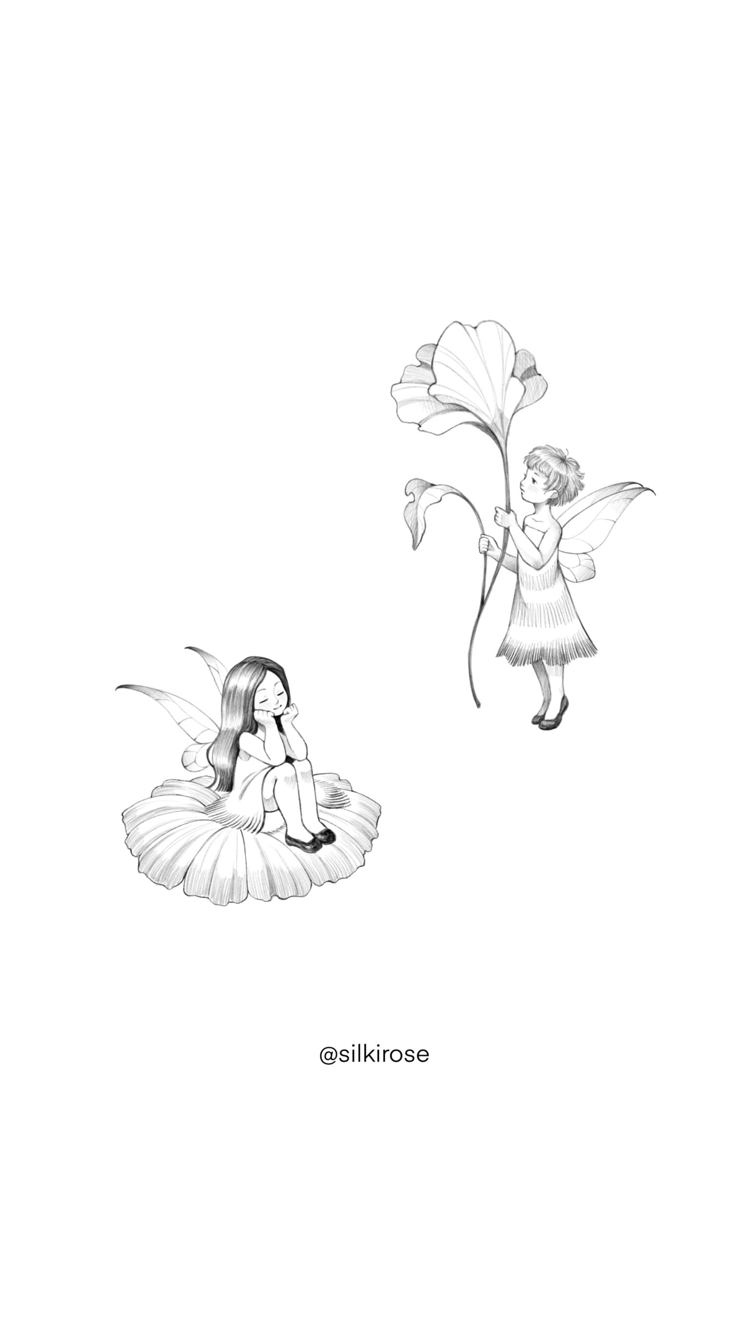 Black and white illustration of two fairy children with wings, one sitting in a flower and the other standing with a large flower, with the text '@silkirose' beneath them.