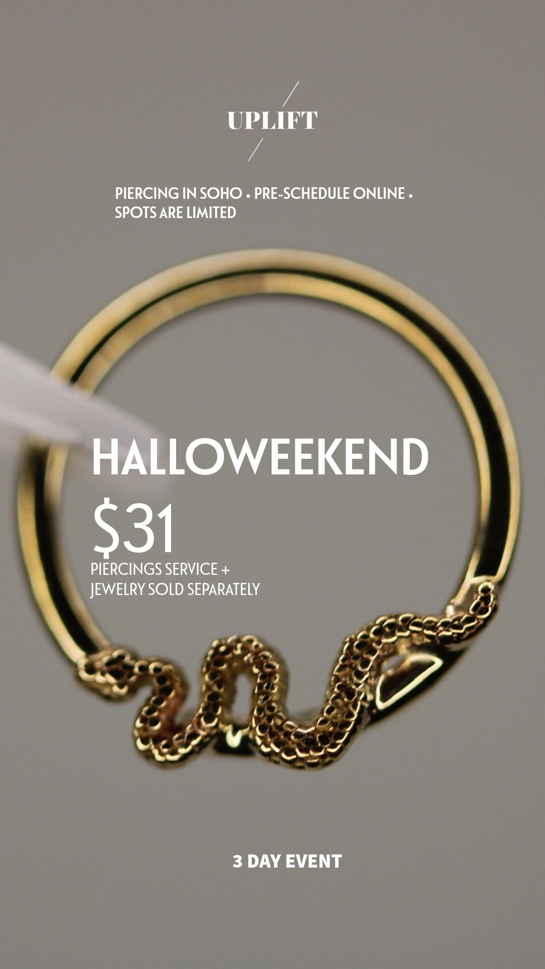 Close-up of a gold jewelry piece with a chain, advertising a Halloween-themed jewelry event with piercings and jewelry sold separately, priced at $31, happening over three days.