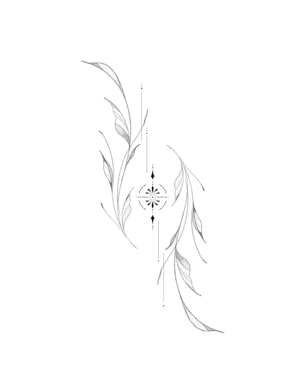 Black and white decorative floral tattoo design with leaves and swirls, centered around a dot and line marker.