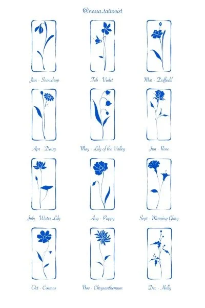 Collection of twelve blue floral tattoo designs with their names, arranged in a grid. The designs feature various flowers and leaves.